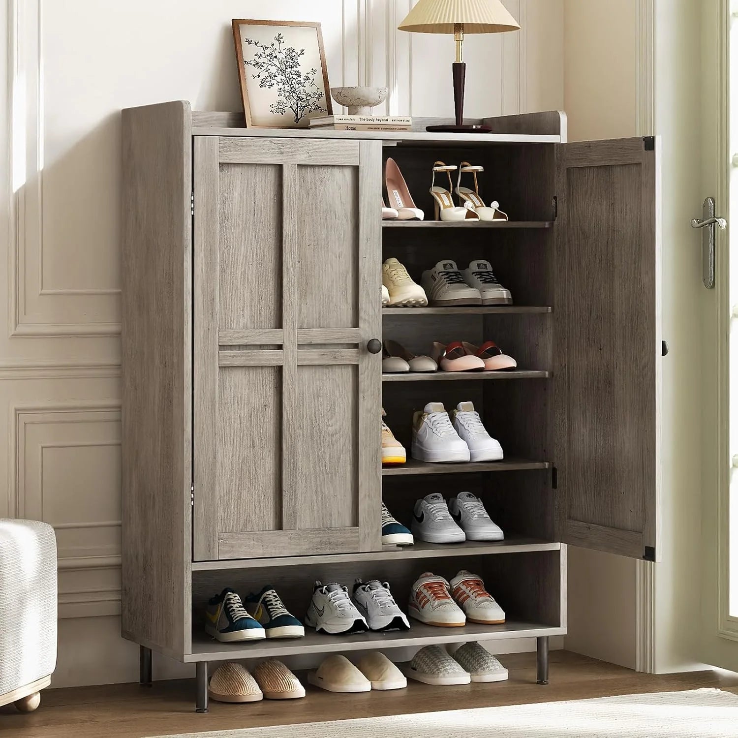 Black 7+1 Tier Farmhouse Shoe Storage Cabinet - 45" Tall Entryway Organizer
