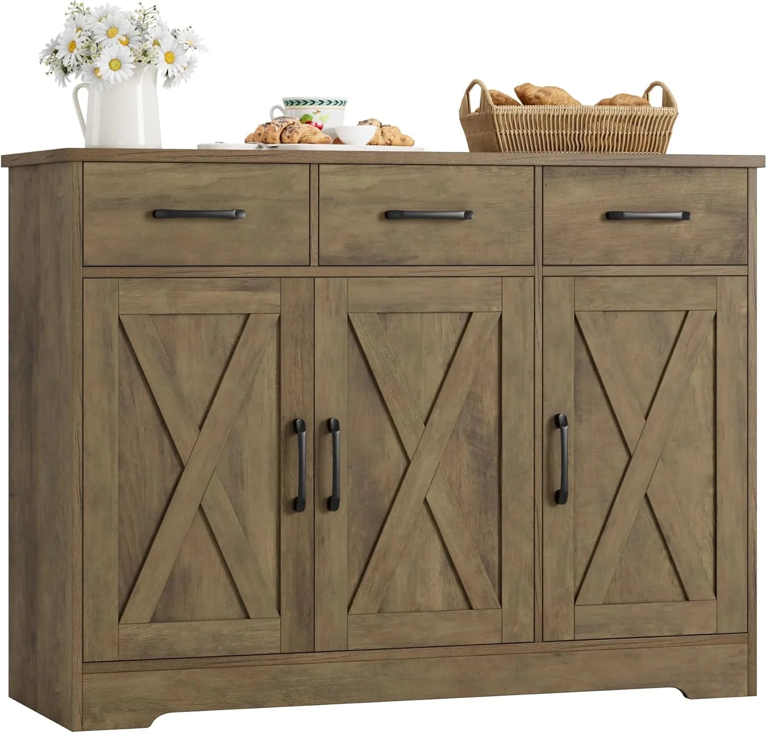 HOSTACK Modern Farmhouse Sideboard Buffet Cabinet Barn Doors Buffet Storage Cabinet with Drawers