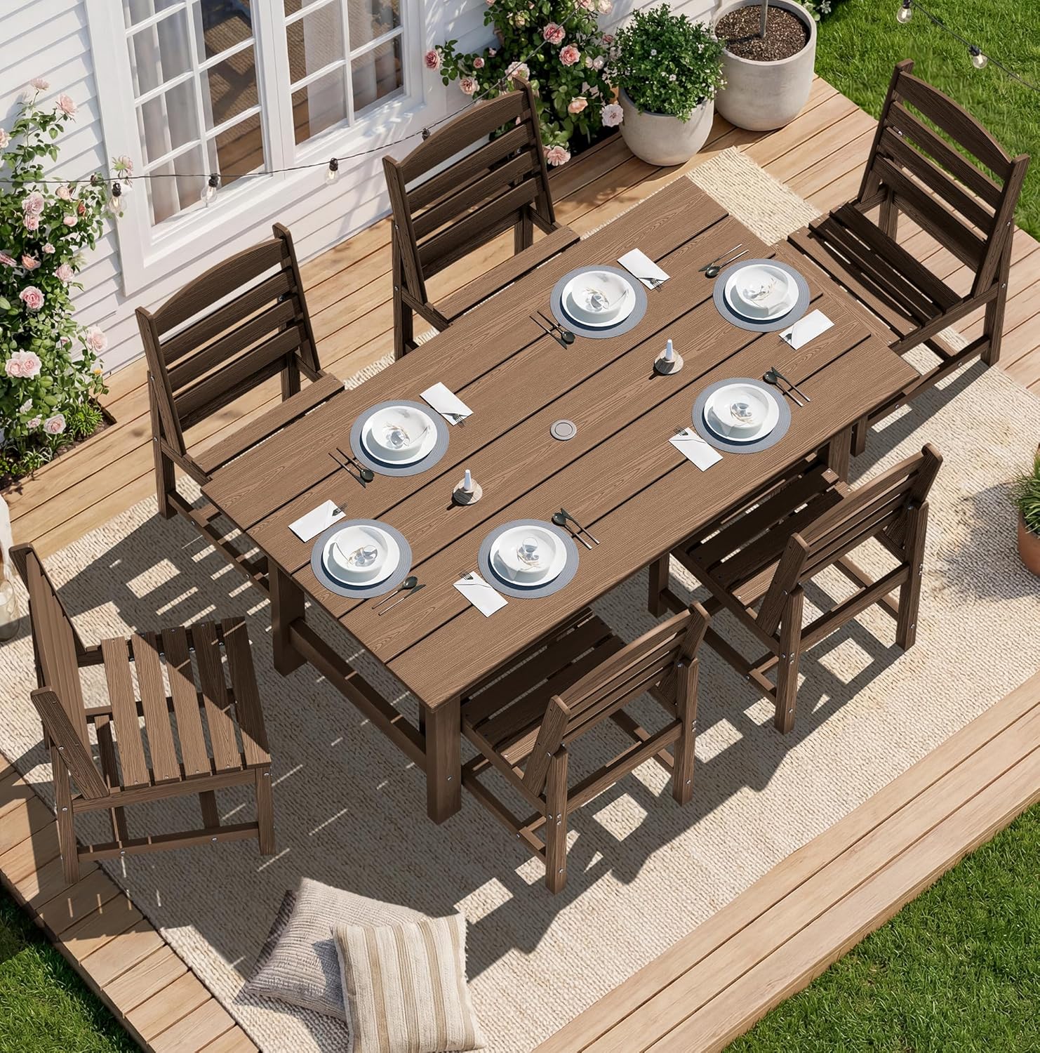 SERWALL 7-Piece Patio Dining Table Sets, Outdoor HDPE Dining Furniture Set with Umbrella Hole Cut-Out Table and 6 Chairs, Blue