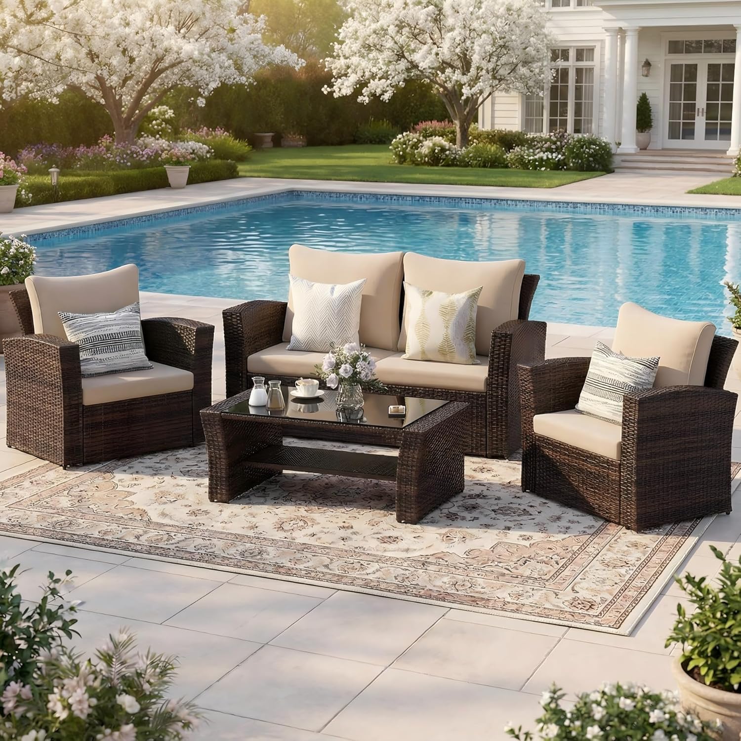 Wisteria Lane 4 Piece Patio Furniture Set, Wicker Outdoor Patio Conversation Furniture Set, All Weather Outdoor Patio Sofa with Cushion and Glass Table, Navy Blue