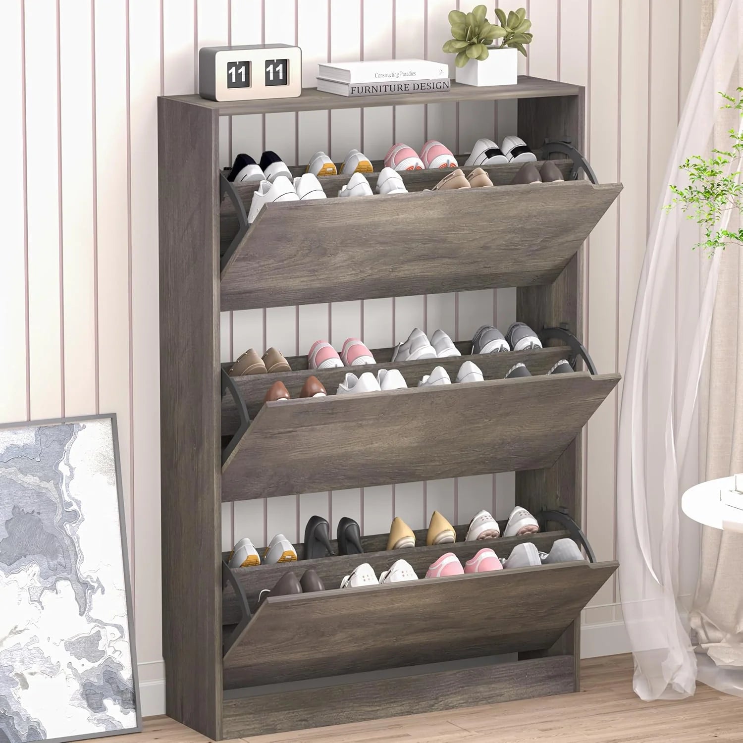 Shoe Cabinet with 3 Flip Drawers Hidden Wood Shoe Cabinet Freestanding Shoe Storage Cabinet