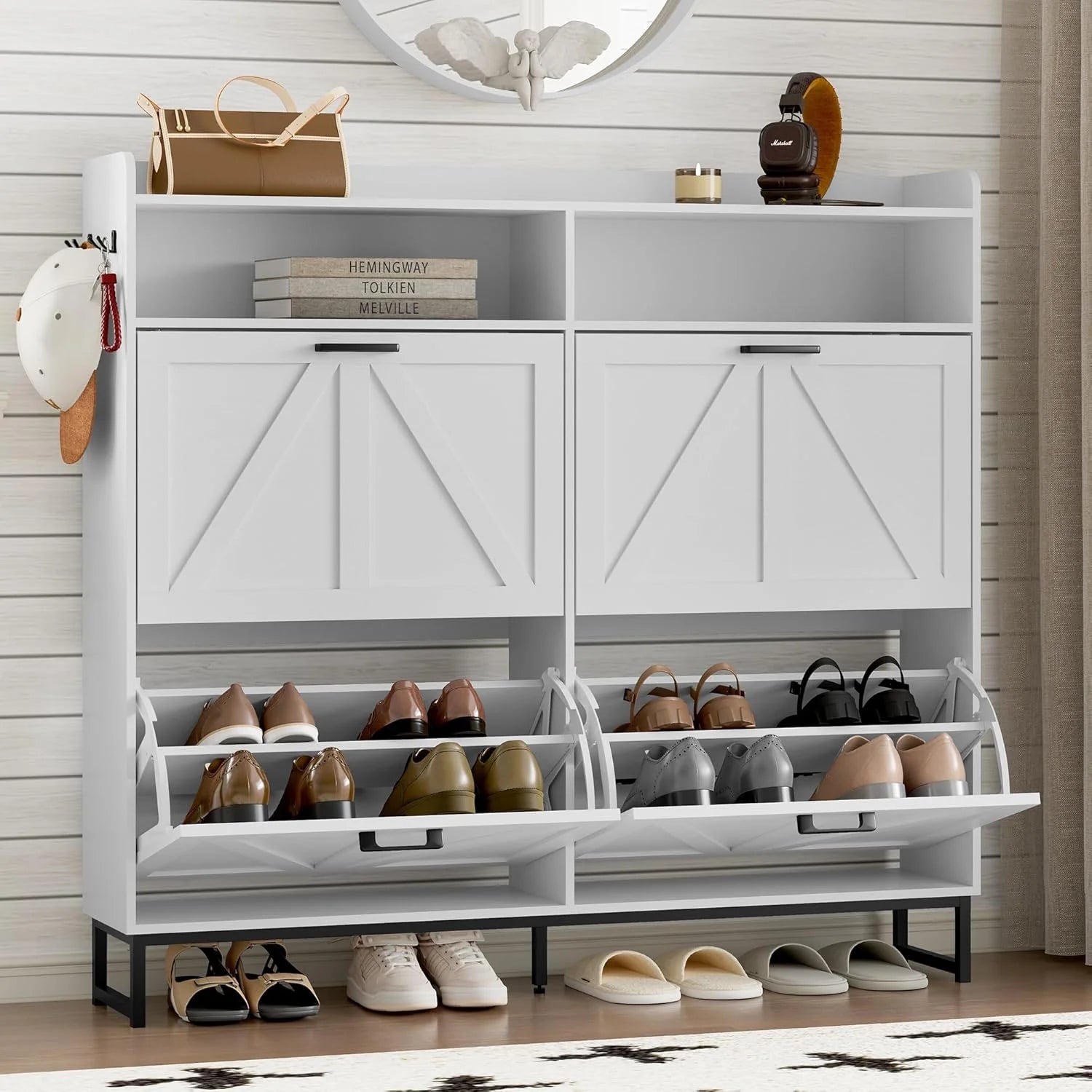 Shoe cabinet with 2 flip-top drawers Narrow shoe storage cabinet