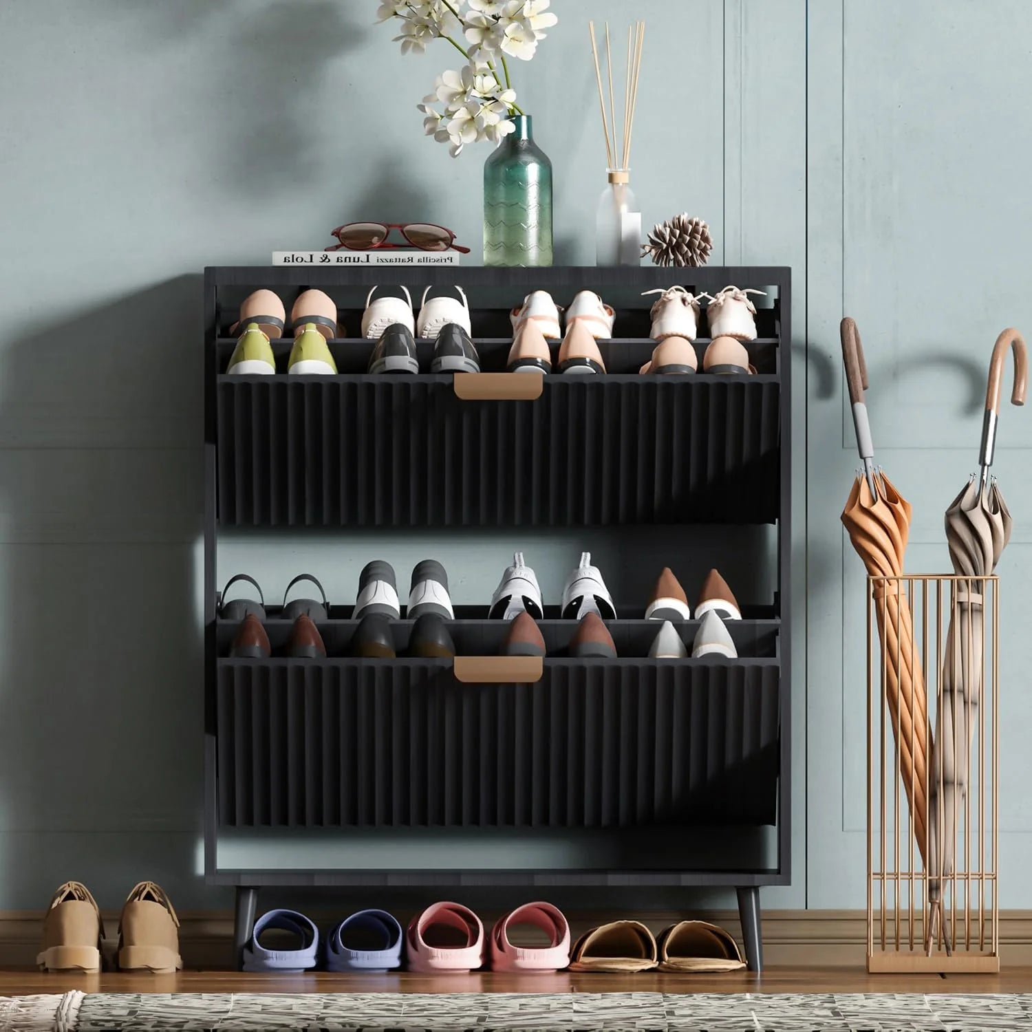 Shoe Cabinet Storage Modern Freestanding Organizer with 2 Flip Drawers Narrow Shoe Rack Cabinet