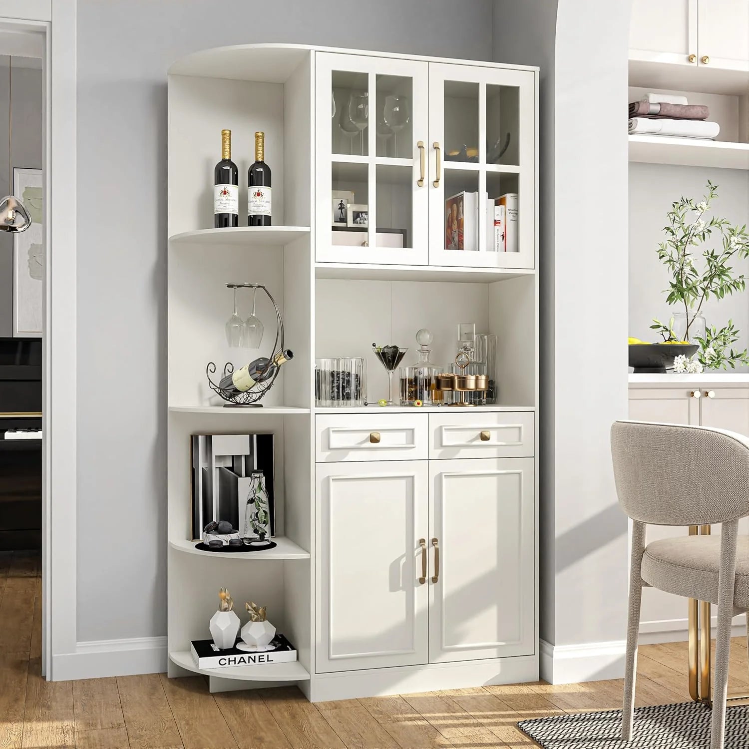 Kitchen Hutch Pantry Cabinet 71" Tall with Glass Doors