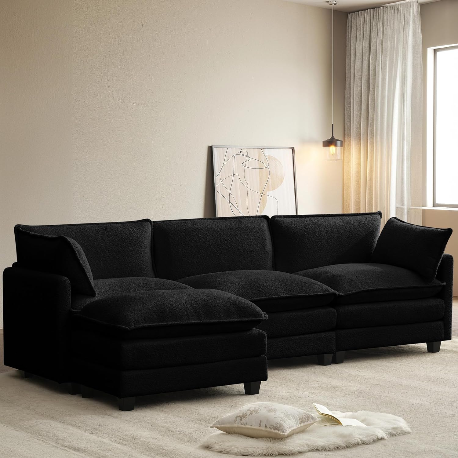 ROWHY Oversized Modular Sectional Sofa with Movable Ottoman, 112 Inch 4 Seat Modern Corduroy Sofa Set, Convertible L Shaped Couch for Living Room and Office, Beige