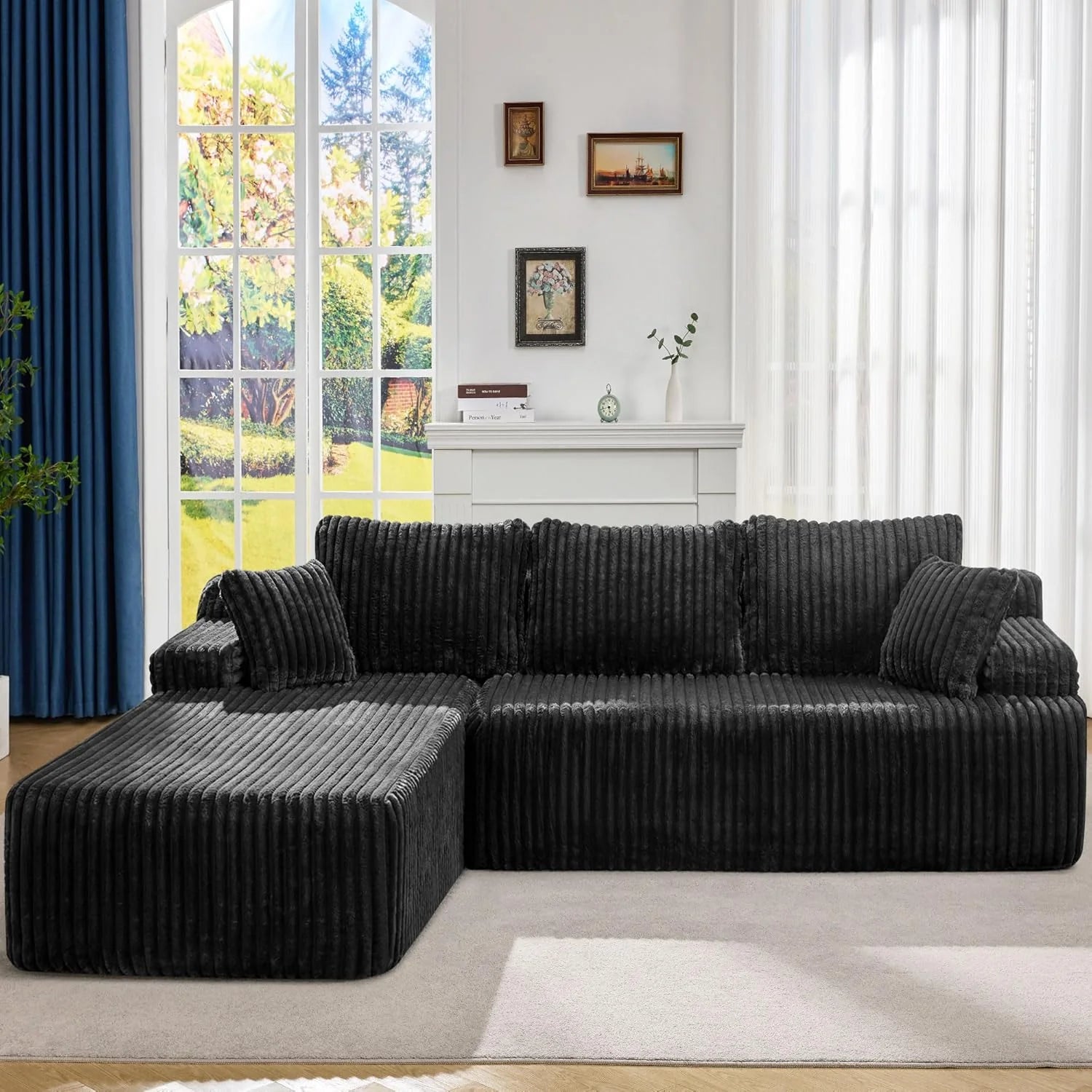 Modular Sectional Sofa Couches L-Shape Couch 3 Seat Modular Sofa Memory Foam Sectional Couches for Living Room, Cloud Couch with Oversized Chaise (Grey Stripe, 96" Left Facing Chaise)