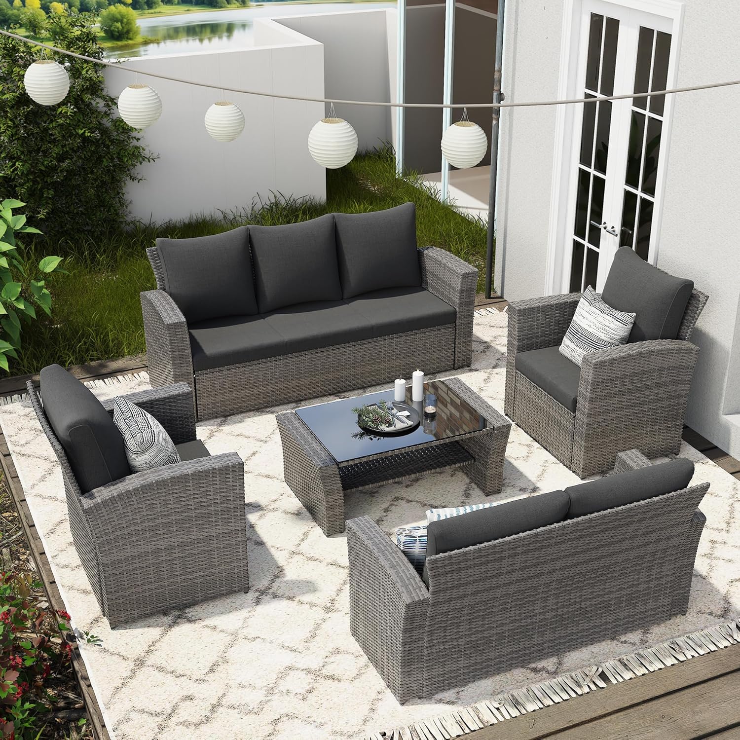 Wisteria Lane 4 Piece Patio Furniture Set, Wicker Outdoor Patio Conversation Furniture Set, All Weather Outdoor Patio Sofa with Cushion and Glass Table, Navy Blue