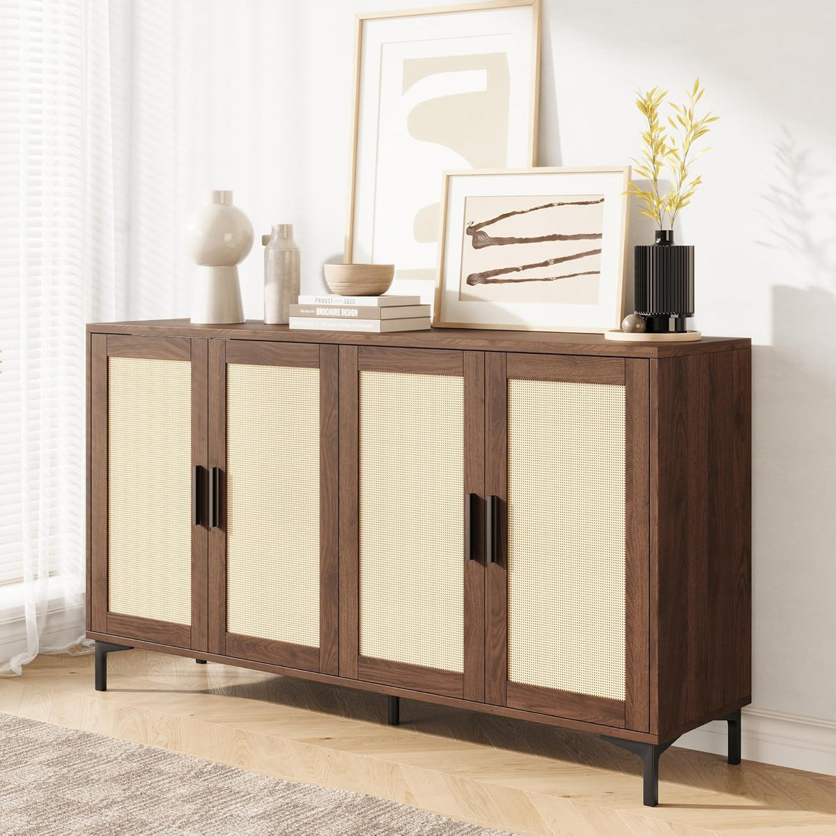 JASIWAY Buffet Cabinet with Storage 48" Rattan Sideboard Adjustable Shelves Modern Coffee Bar