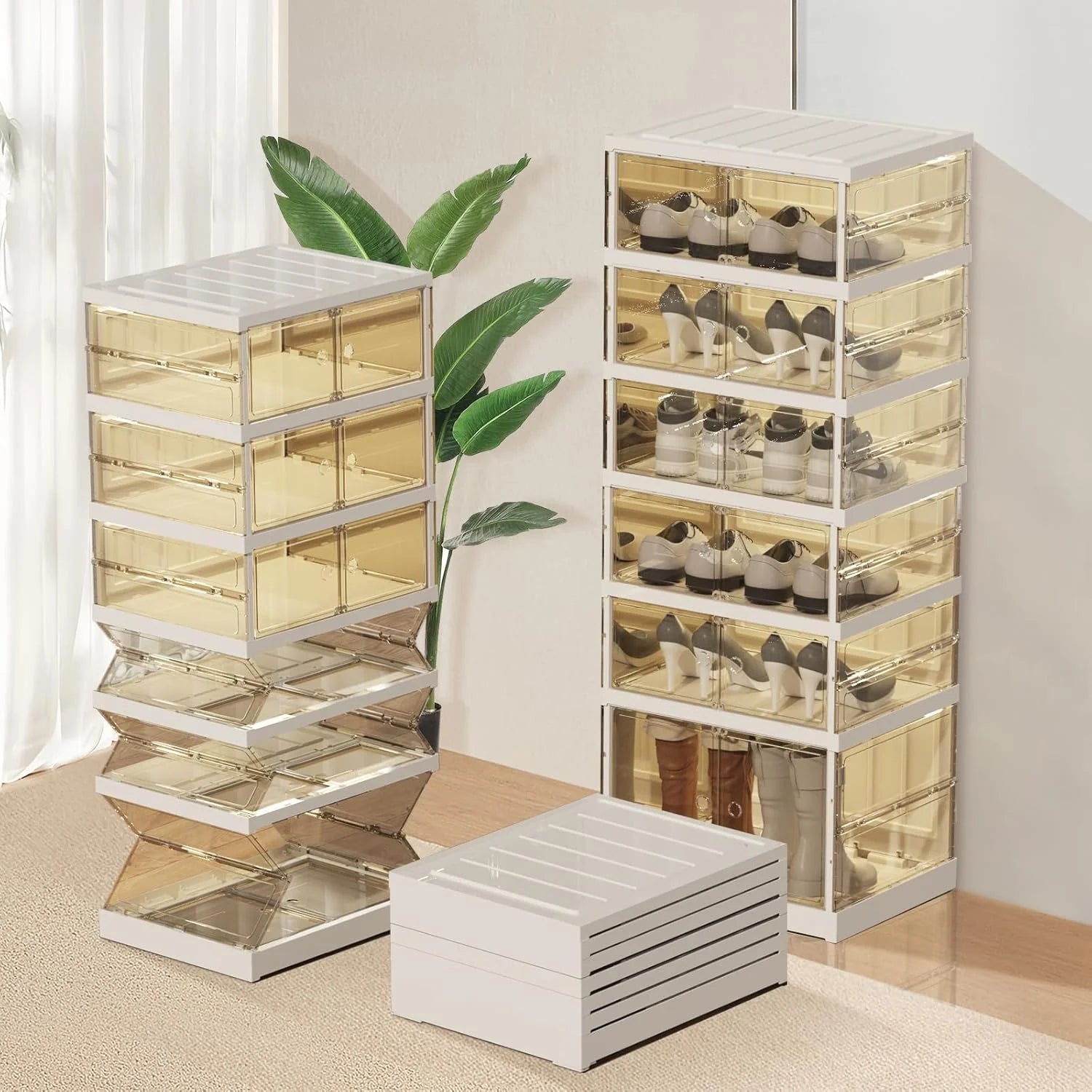 Collapsible Shoe Rack Organizer Shoe Cabinet with Doors Large Plastic Folding Shoe Cabinet