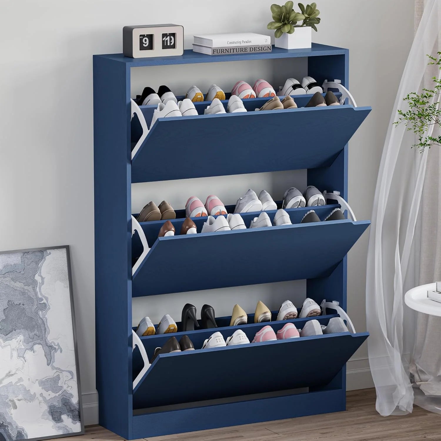 Shoe Cabinet with 3 Flip Drawers, Hidden Wood Shoe Cabinet,Freestanding Shoe Storage Cabinet