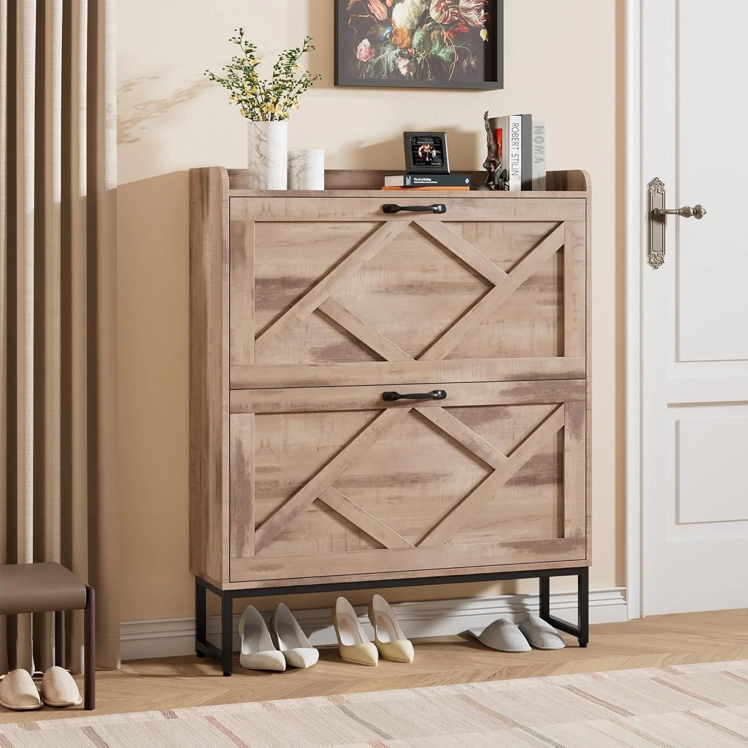 Nicetree Shoe Cabinet with 2 Flip Drawers Freestanding Shoe Storage Cabinet Narrow Shoe Cabinet