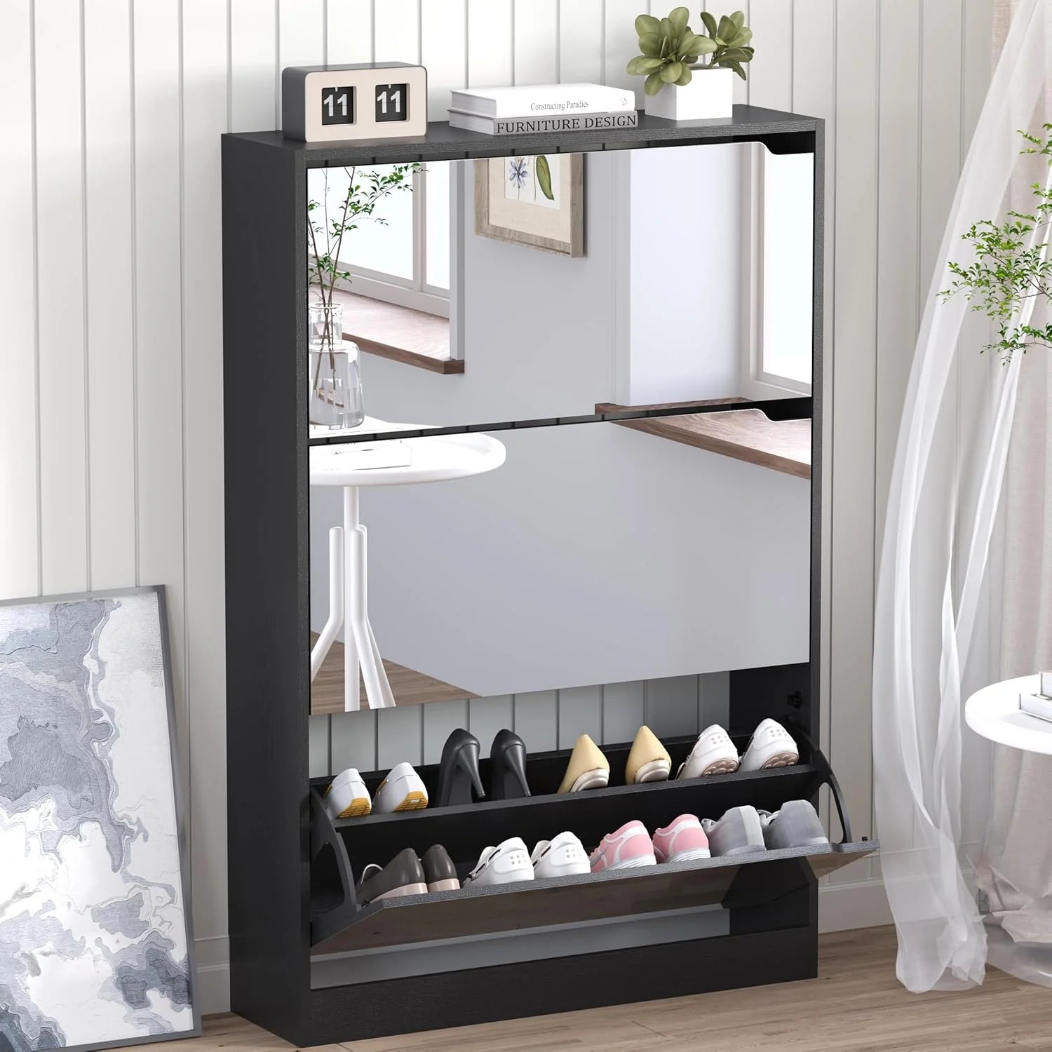 Shoe Cabinet with 3 Flip Drawers Hidden Wood Shoe Cabinet Freestanding Shoe Storage Cabinet