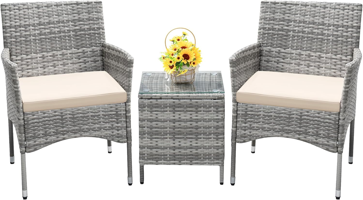 Devoko Patio Porch Furniture Sets 3 Pieces PE Rattan Wicker Chairs with Table Outdoor Garden Furniture Sets (Brown/Beige)