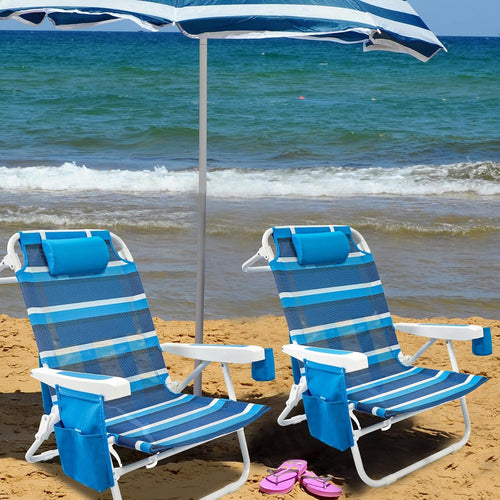 Beach Chair 2 Pack 5 Positions Textilene Folding Reclining Beach Chair with Straps Cooler Bag