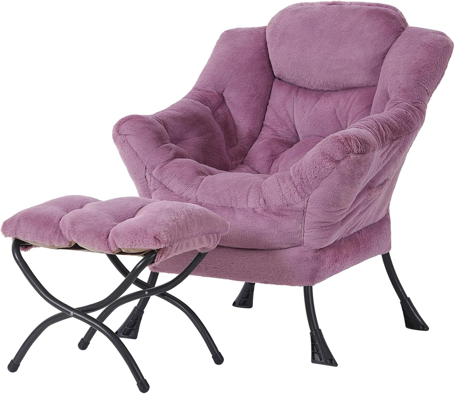 Welnow Lazy Chair with Ottoman, Modern Accent Chair with Armrests and a Side Pocket, Leisure Sofa Armchair, Reading Armchair with Footrest for Small Space, Dark Grey
