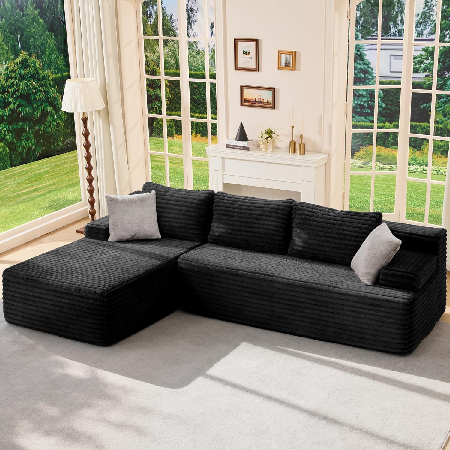 Modular Sectional Sofa Couches L-Shape Couch 3 Seat Modular Sofa Memory Foam Sectional Couches for Living Room, Cloud Couch with Oversized Chaise (Grey Stripe, 96" Left Facing Chaise)