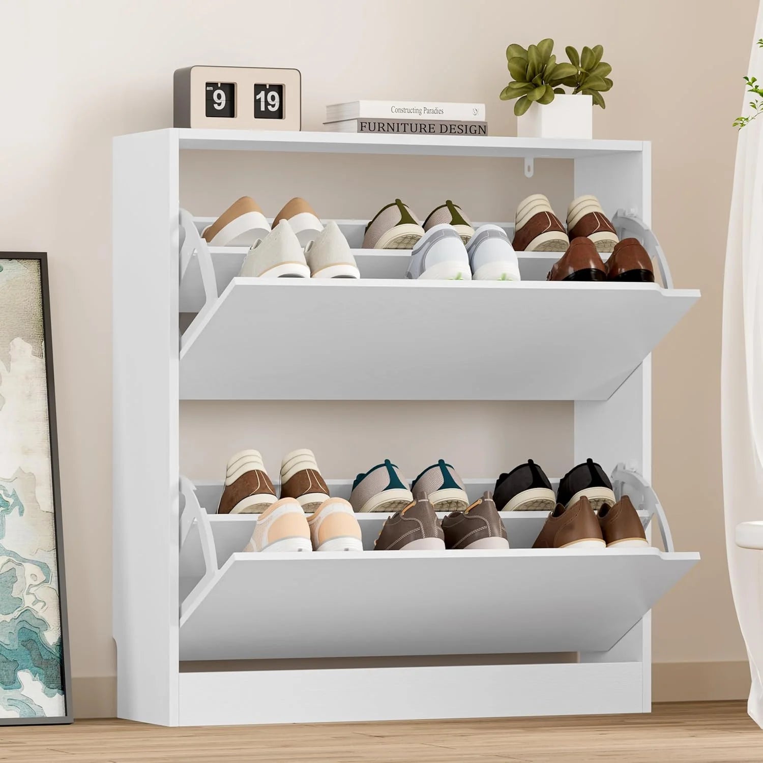 Shoe Cabinet with 3 Flip Drawers, Hidden Wood Shoe Cabinet,Freestanding Shoe Storage Cabinet