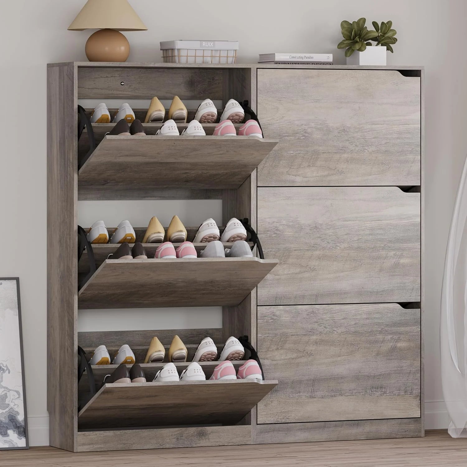 Shoe Cabinet with 3 Flip Drawers Hidden Wood Shoe Cabinet Freestanding Shoe Storage Cabinet