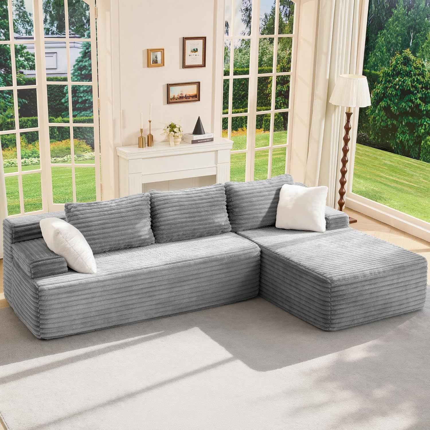 Modular Sectional Sofa Couches L-Shape Couch 3 Seat Modular Sofa Memory Foam Sectional Couches for Living Room, Cloud Couch with Oversized Chaise (Grey Stripe, 96" Left Facing Chaise)