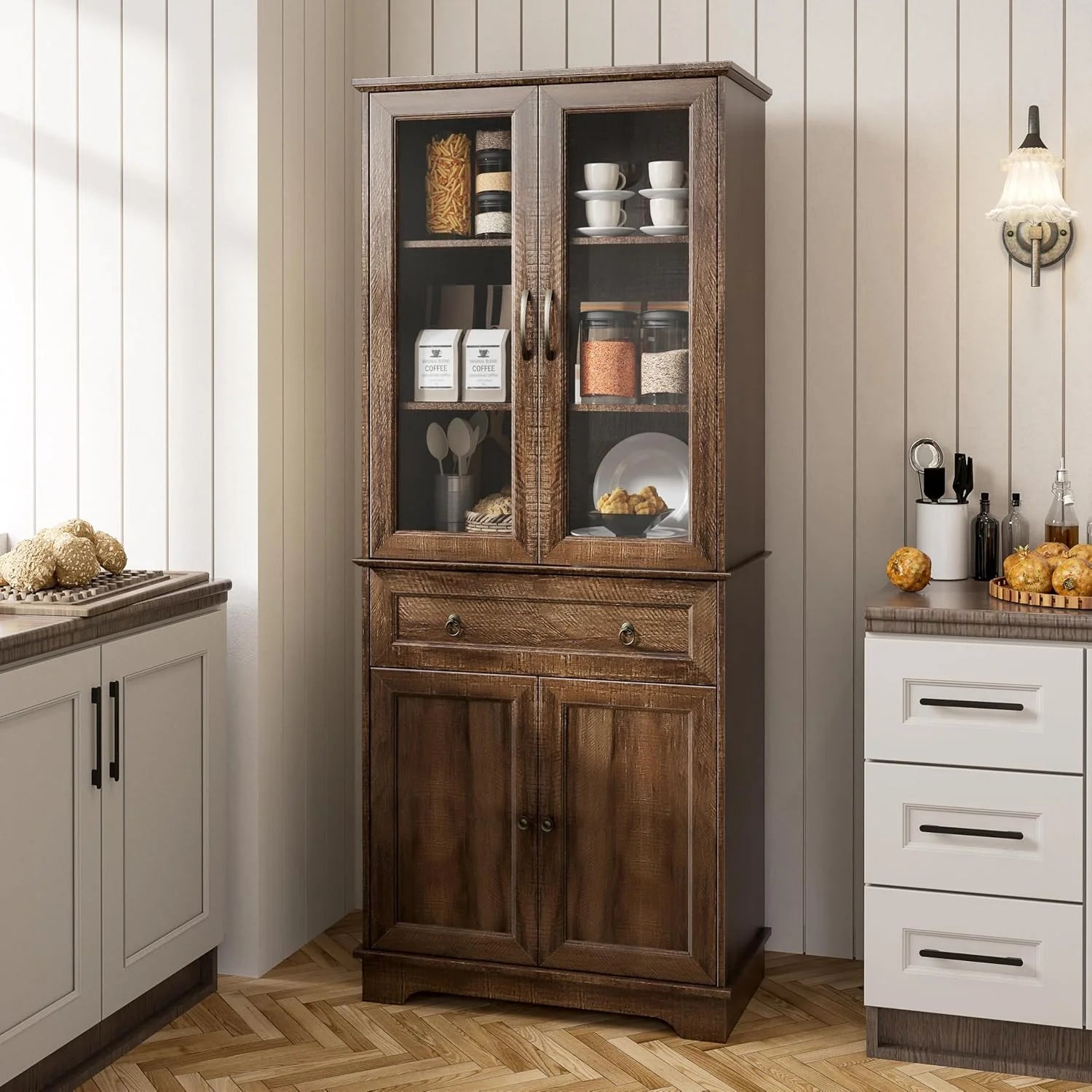Kitchen Hutch Pantry Cabinet 71" Tall with Glass Doors