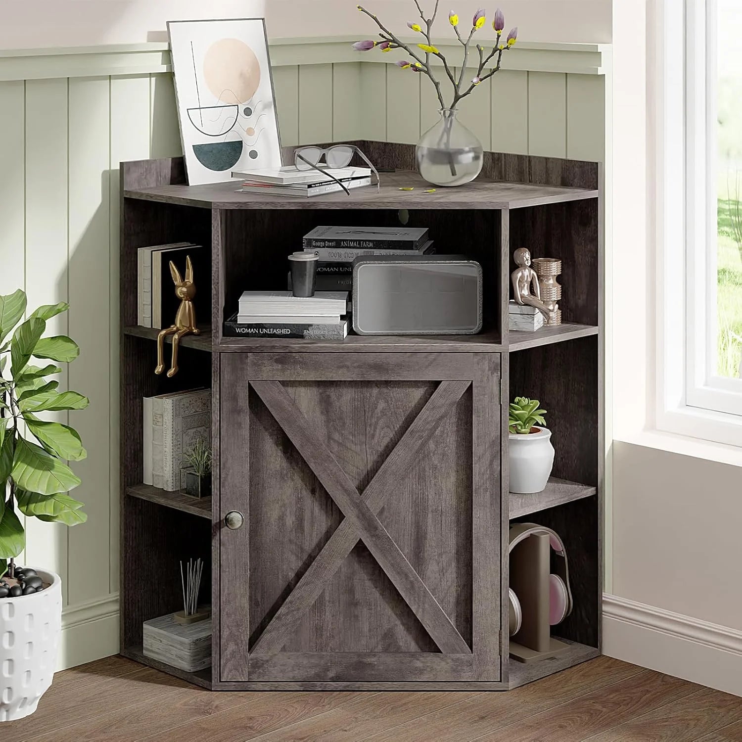 Vabches Corner Cabinet, Corner Storage Shelf with USB Ports and Outlets Industrial Organizer