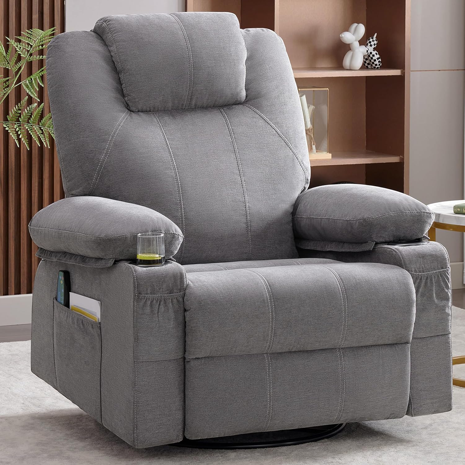 Large Swivel Rocking Recliner with Heating and Massage Function, 360 Degree Swivel Rocking Single Sofa