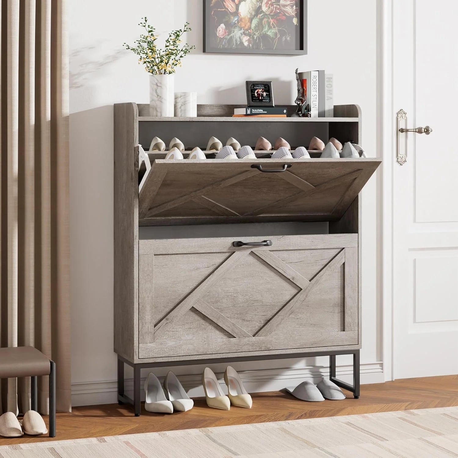 Nicetree Shoe Cabinet with 2 Flip Drawers Freestanding Shoe Storage Cabinet Narrow Shoe Cabinet