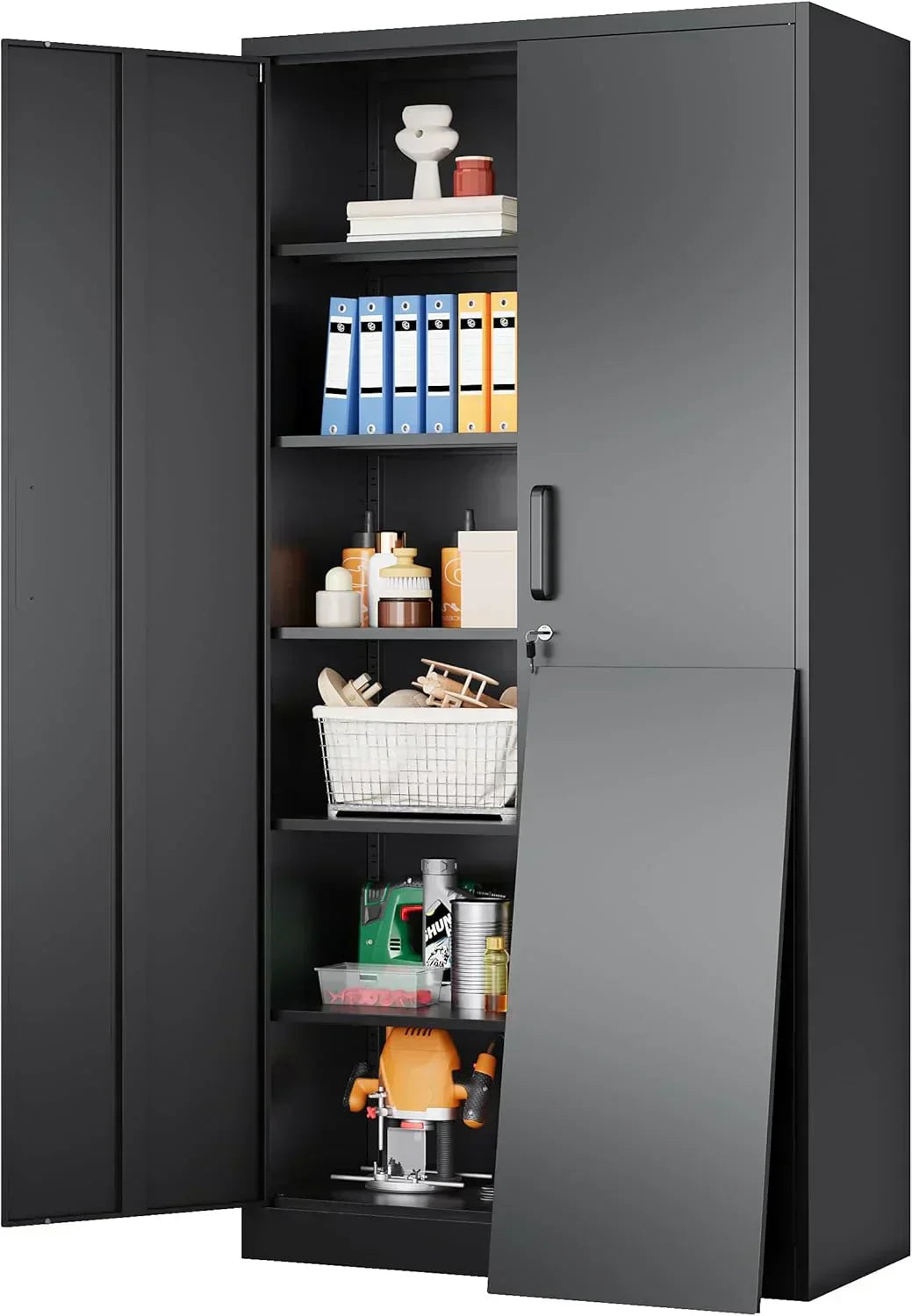 Metal Storage Cabinet with 2 Doors and 6 Shelves Black Metal Cabinet Garage Storage Cabinet