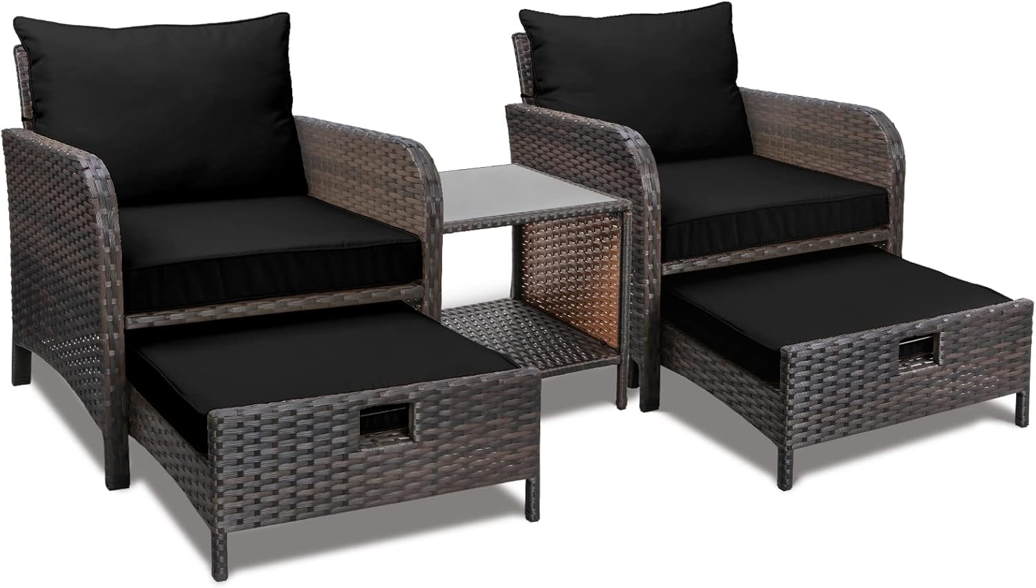 LEVELEVE Balcony Furniture 5 Piece Patio Conversation Set, PE Wicker Rattan Outdoor Lounge Chairs with Soft Cushions 2 Ottoman&Glass Table for Porch, Lawn-Brown Wicker