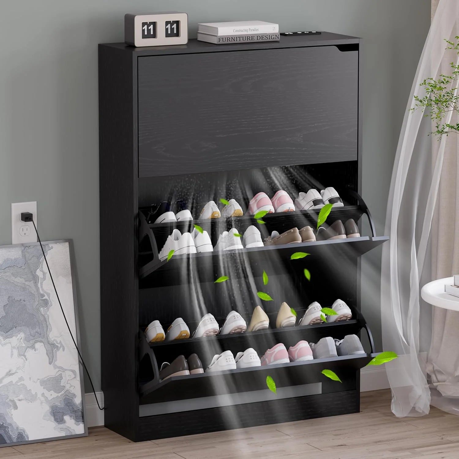 Shoe Cabinet with 3 Flip Drawers, Hidden Wood Shoe Cabinet,Freestanding Shoe Storage Cabinet
