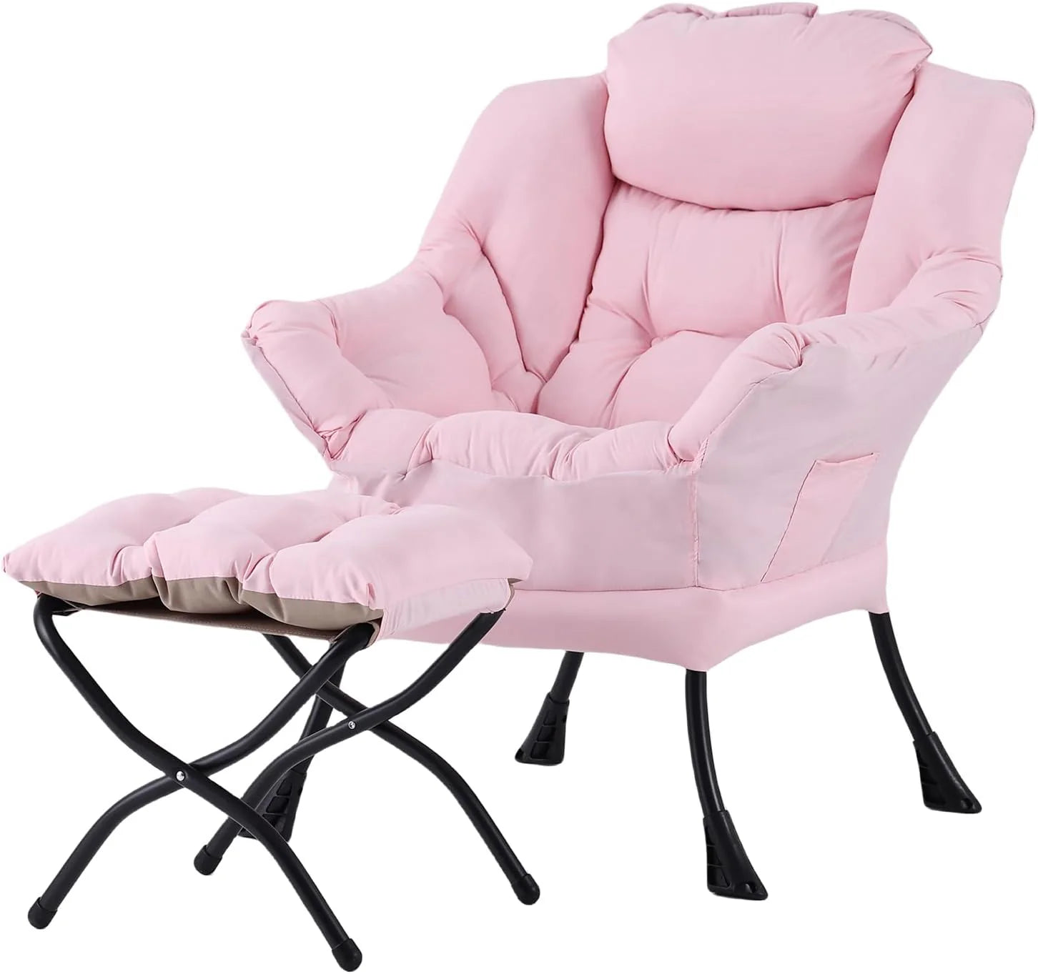 Welnow Lazy Chair with Ottoman, Modern Accent Chair with Armrests and a Side Pocket, Leisure Sofa Armchair, Reading Armchair with Footrest for Small Space, Dark Grey