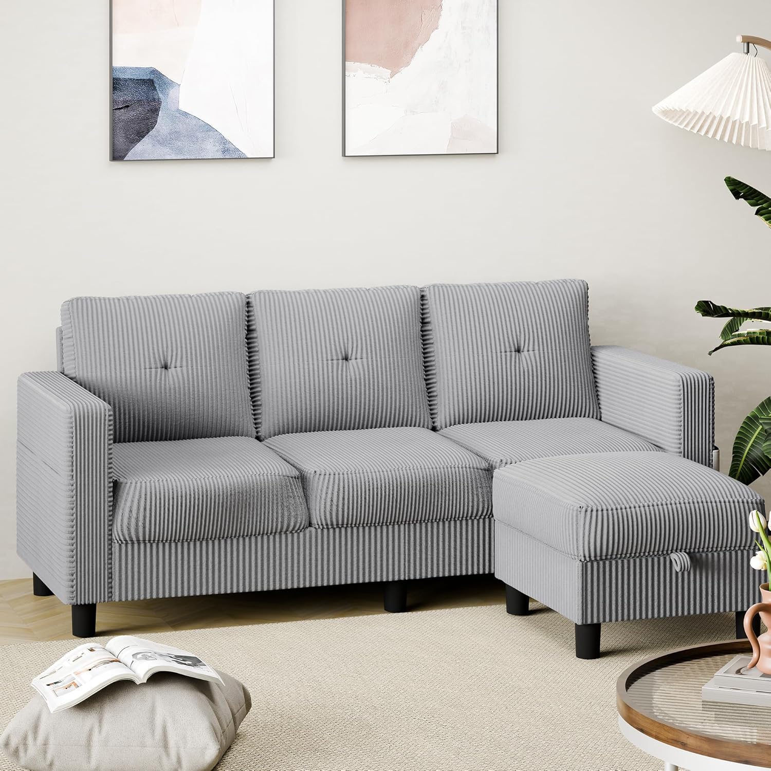 Shintenchi 76 inch Modern Upholstered Sectional Sofa L Shaped Couch with Storage Ottoman