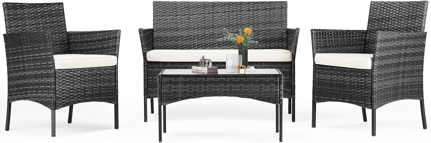 Sweetcripy Patio Furniture Set 3 Pieces Outdoor Furniture with Soft Cushion and Glass Table
