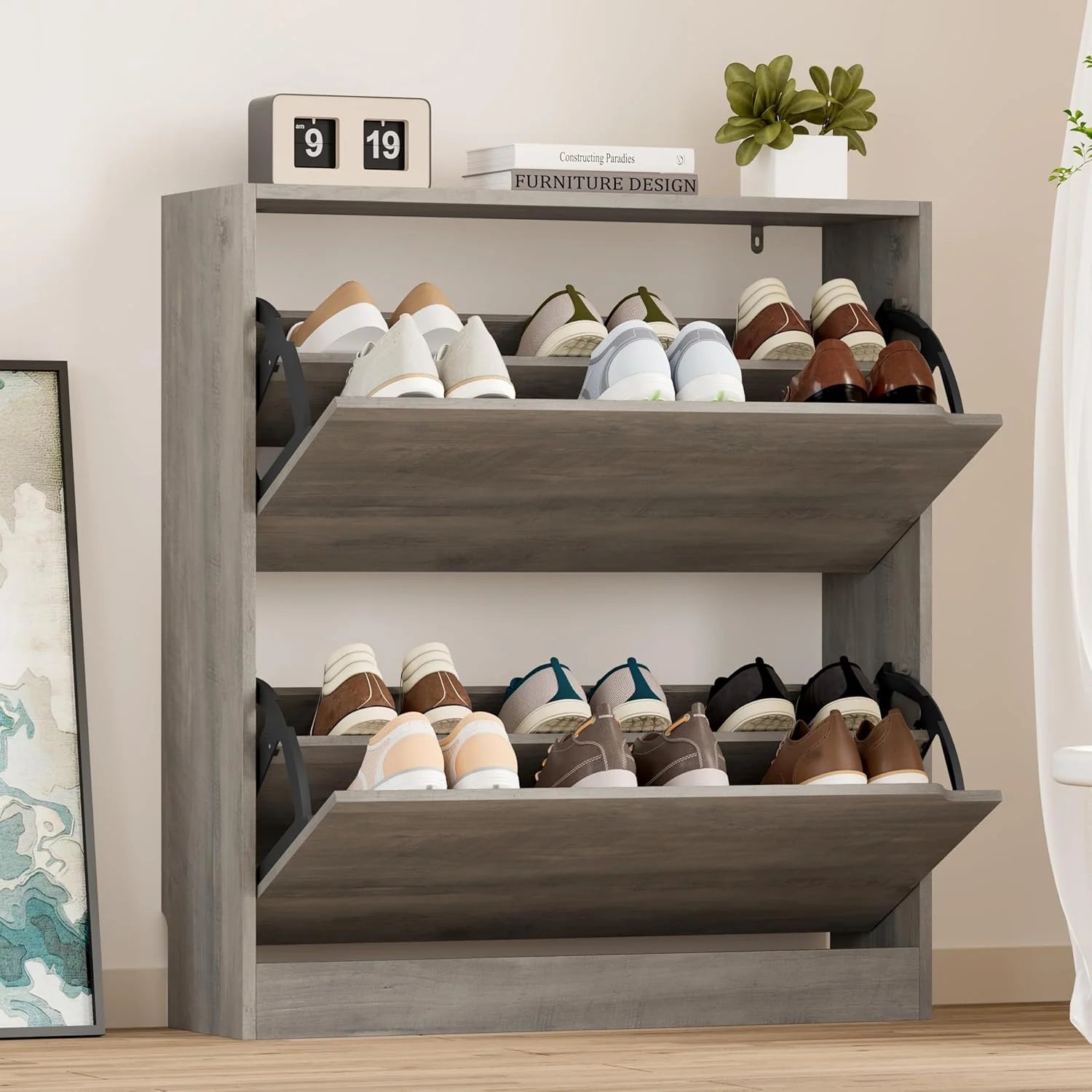 Shoe Cabinet with 3 Flip Drawers, Hidden Wood Shoe Cabinet,Freestanding Shoe Storage Cabinet