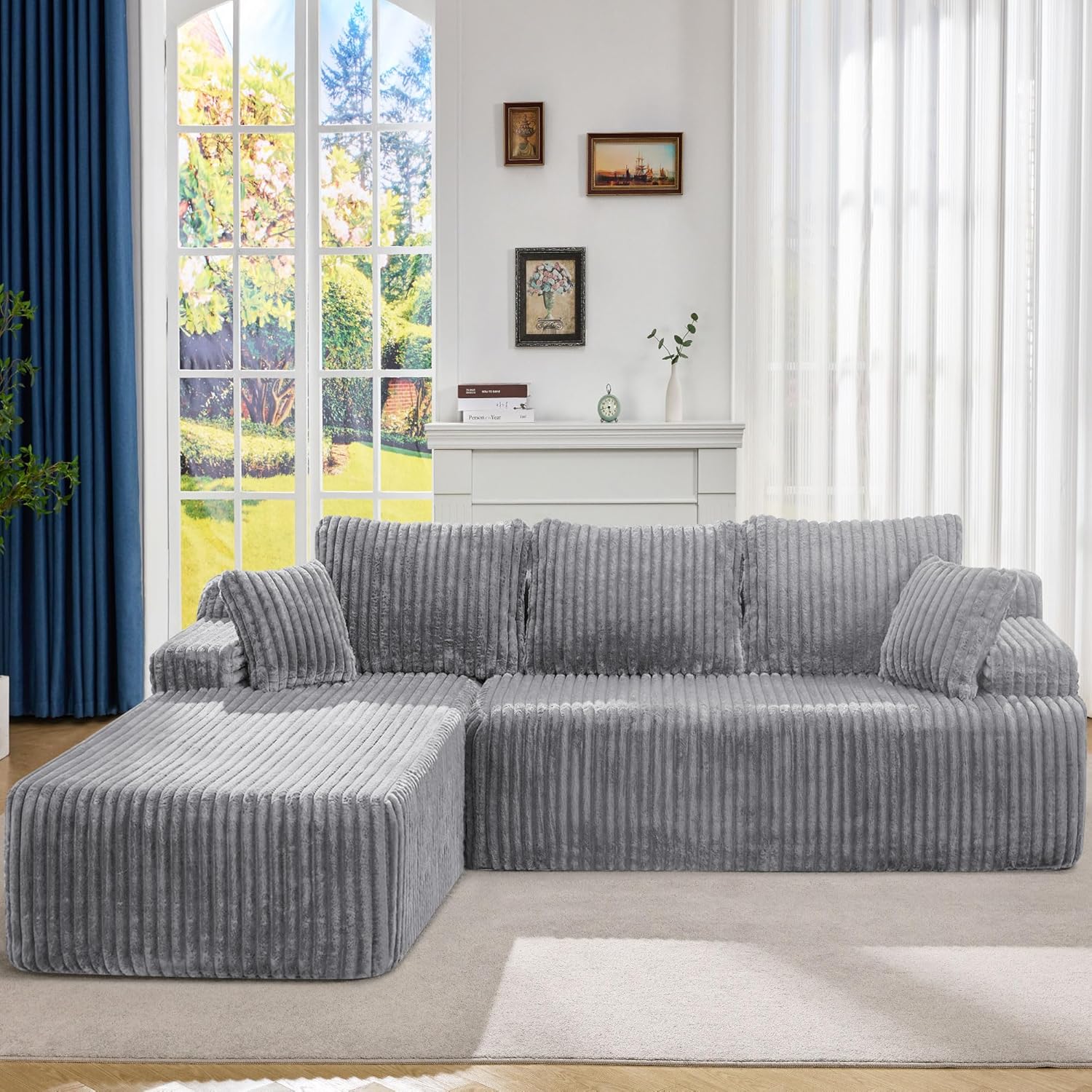Modular Sectional Sofa Couches L-Shape Couch 3 Seat Modular Sofa Memory Foam Sectional Couches for Living Room, Cloud Couch with Oversized Chaise (Grey Stripe, 96" Left Facing Chaise)