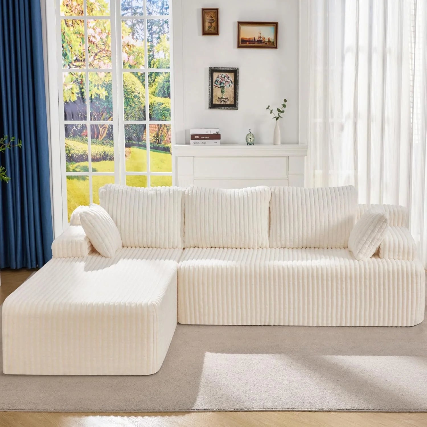 Modular Sectional Sofa Couches L-Shape Couch 3 Seat Modular Sofa Memory Foam Sectional Couches for Living Room, Cloud Couch with Oversized Chaise (Grey Stripe, 96" Left Facing Chaise)