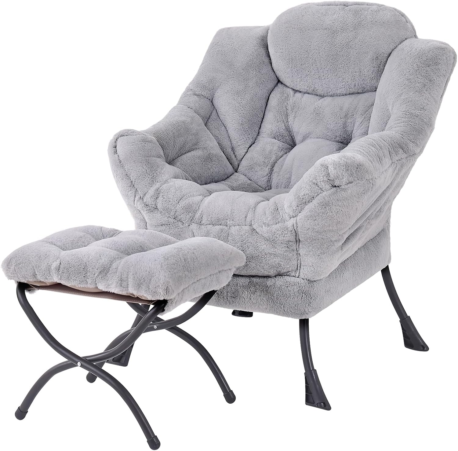 Welnow Lazy Chair with Ottoman, Modern Accent Chair with Armrests and a Side Pocket, Leisure Sofa Armchair, Reading Armchair with Footrest for Small Space, Dark Grey