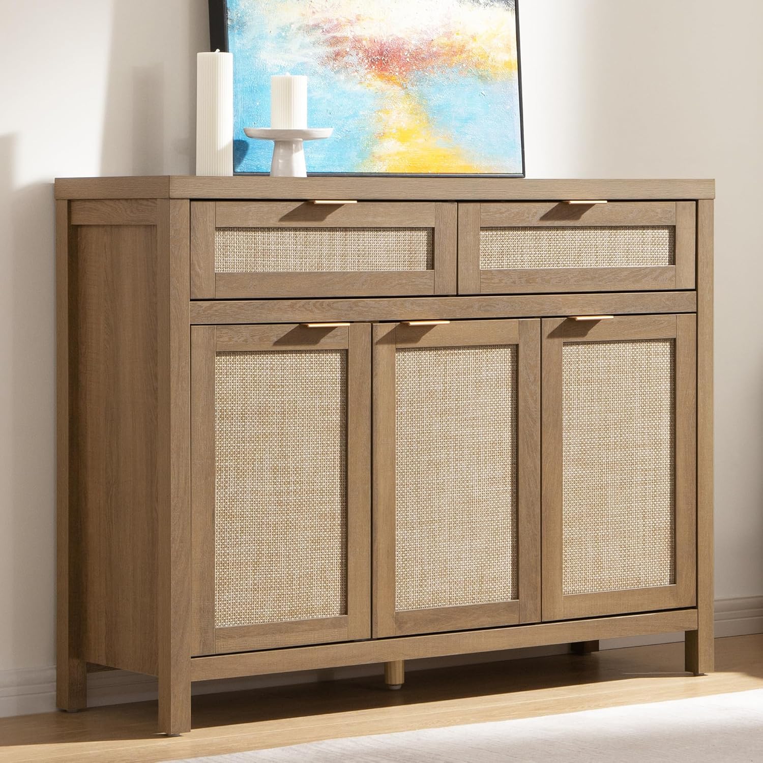 SICOTAS Rattan Sideboard Buffet Cabinet with Storage Boho Credenza Accent Cabinet with 3 Doors