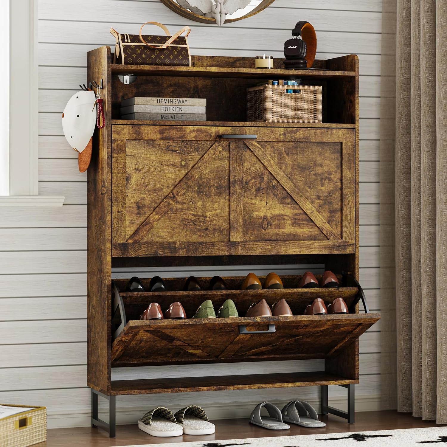Shoe cabinet with 2 flip-top drawers Narrow shoe storage cabinet