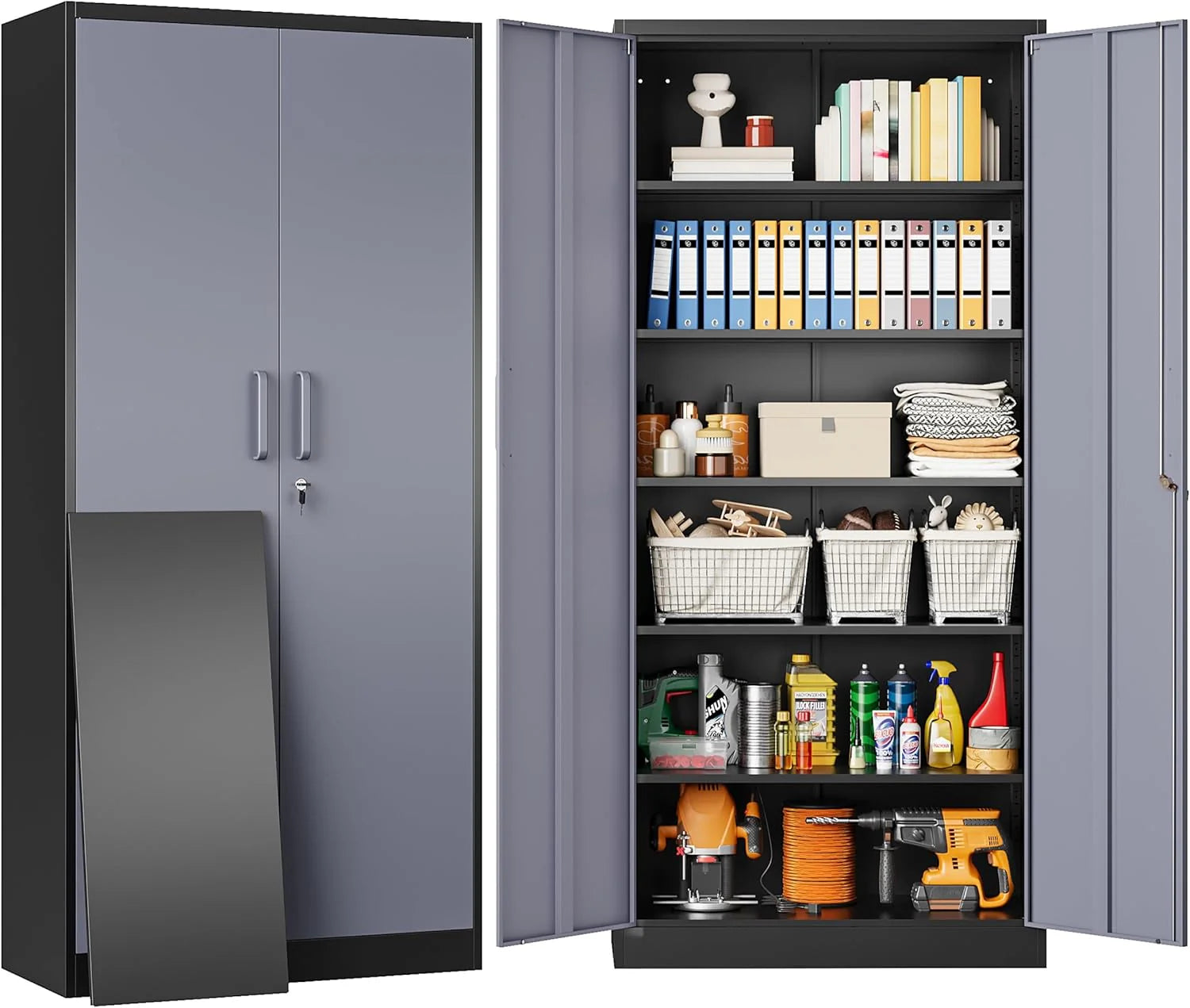 Metal Storage Cabinet with 2 Doors and 6 Shelves,Black Metal Cabinet with Lock,71" Lockable Garage Storage Cabinets,Locking File Cabinet,Steel Tool Cabinets for Home,Office,Garage,Shop,School