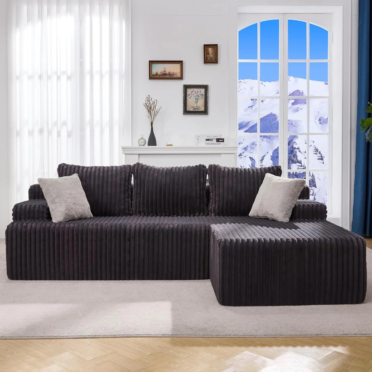 Modular Sectional Sofa Couches L-Shape Couch 3 Seat Modular Sofa Memory Foam Sectional Couches for Living Room, Cloud Couch with Oversized Chaise (Grey Stripe, 96" Left Facing Chaise)
