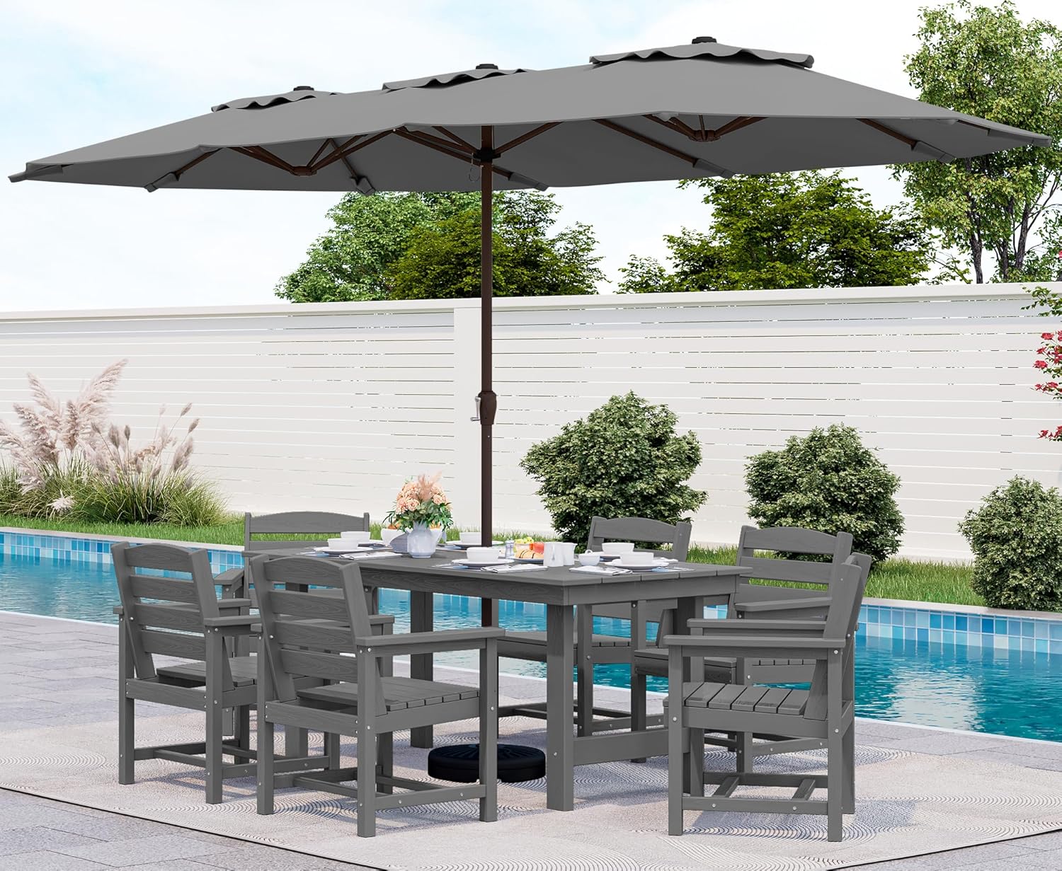 SERWALL 7-Piece Patio Dining Table Sets, Outdoor HDPE Dining Furniture Set with Umbrella Hole Cut-Out Table and 6 Chairs, Blue