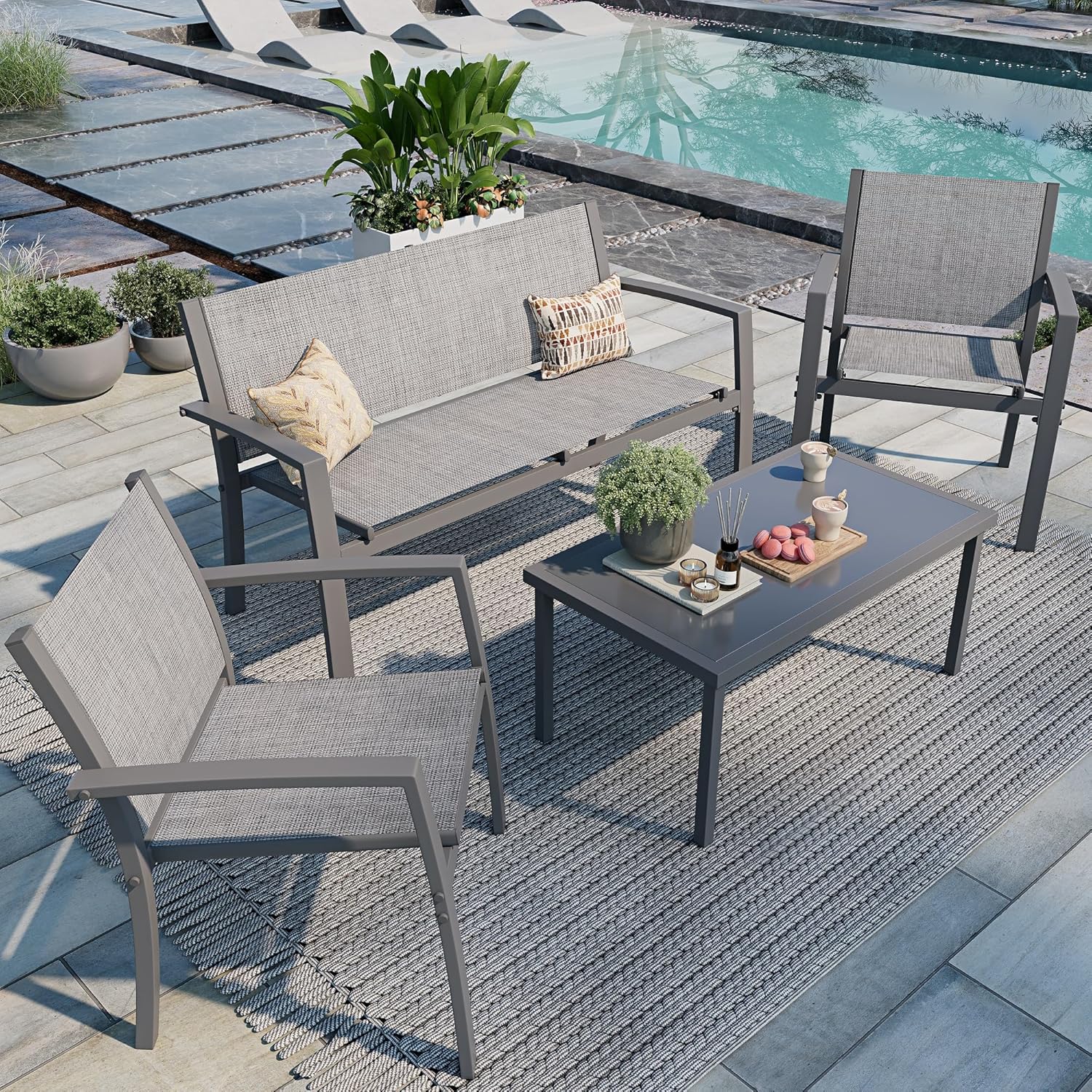 Shintenchi 4 Pieces Patio Furniture Set All Weather Textile Fabric Outdoor Conversation Set, with Glass Coffee Table, Loveseat, 2 Single Chairs for Home, Garden, Lawn