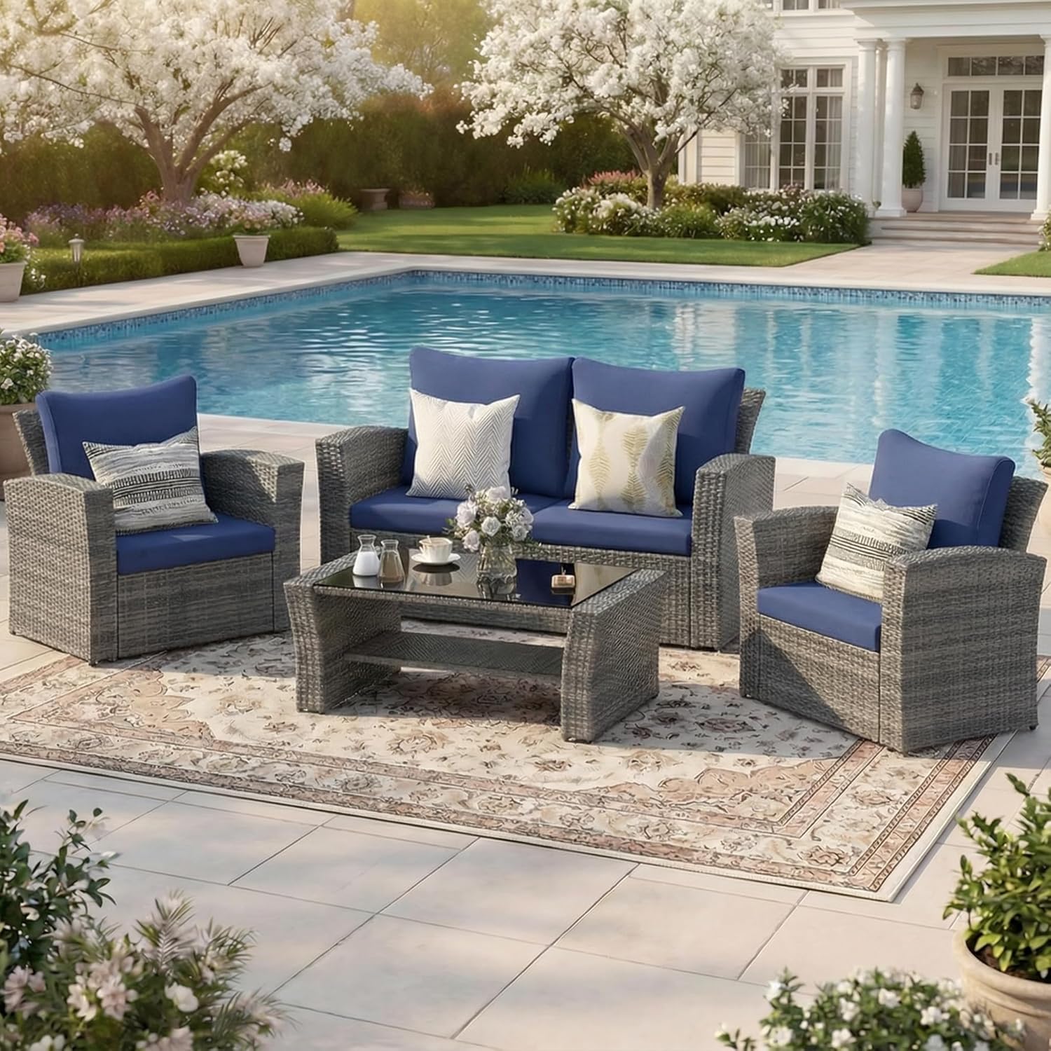 Wisteria Lane 4 Piece Patio Furniture Set, Wicker Outdoor Patio Conversation Furniture Set, All Weather Outdoor Patio Sofa with Cushion and Glass Table, Navy Blue