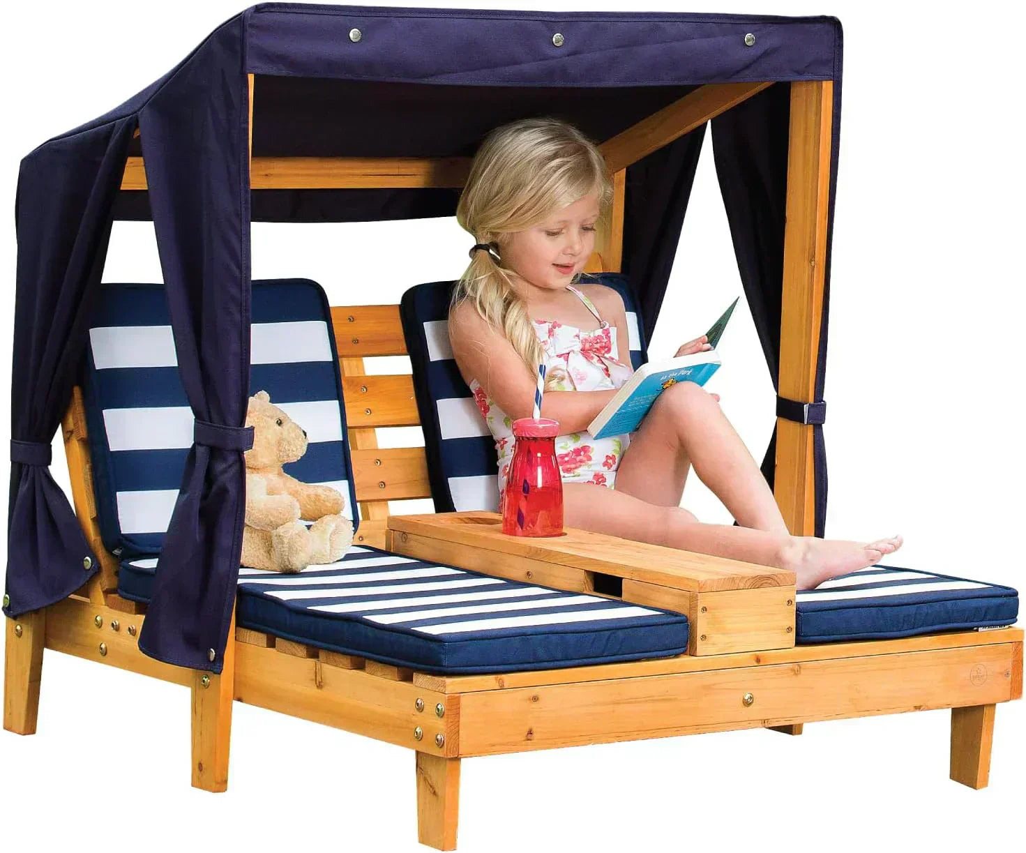 KidKraft Wooden Outdoor Double Chaise Lounge with Cup Holders Kids Patio Furniture Honey