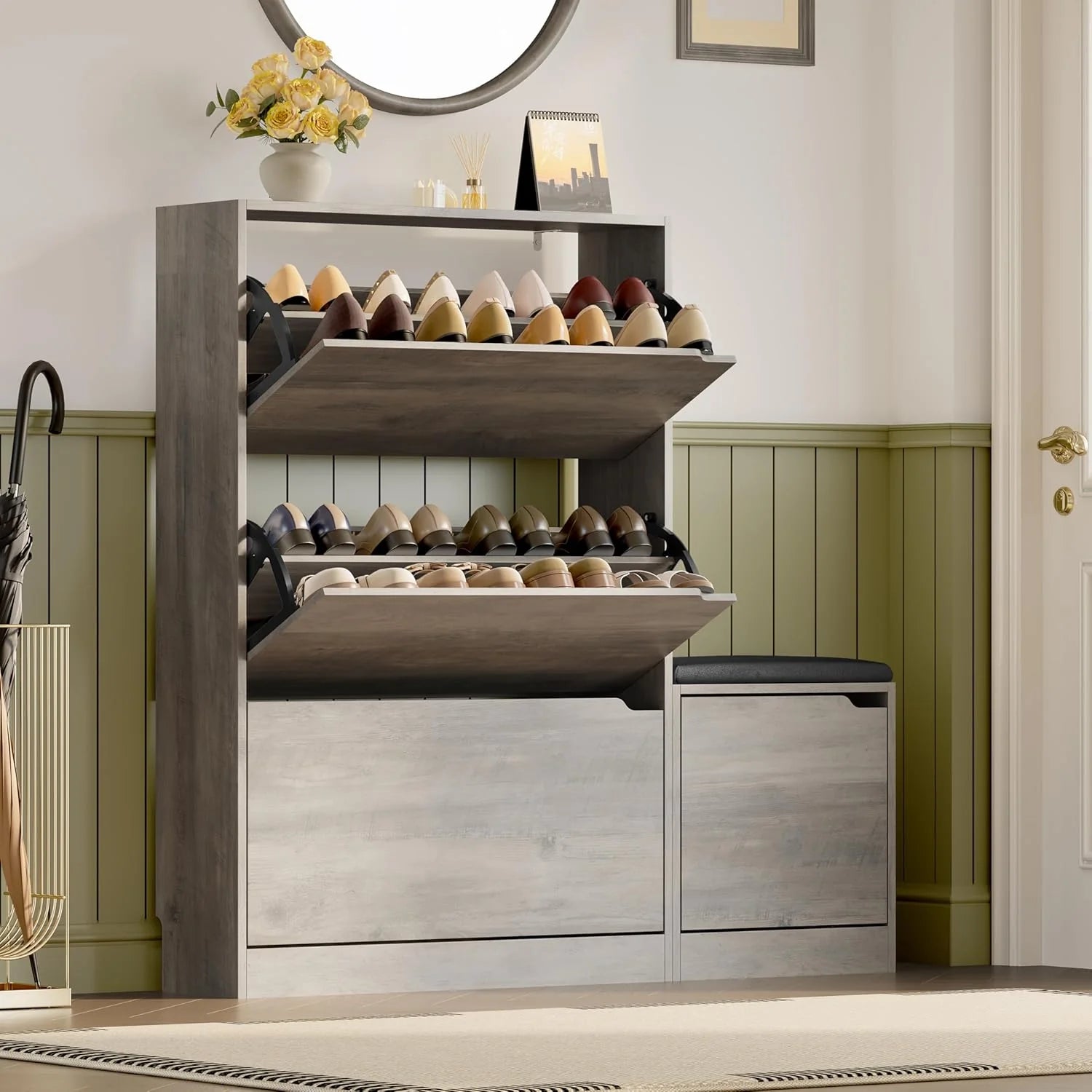 Shoe Cabinet with 3 Flip Drawers, Hidden Wood Shoe Cabinet,Freestanding Shoe Storage Cabinet