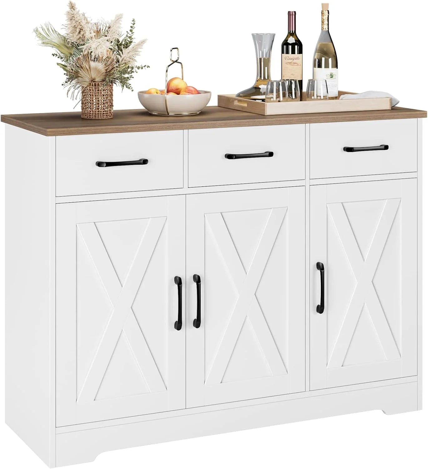 Modern farmhouse sideboard, barn door buffet storage cabinet with drawers and shelves, wooden coffee bar with storage