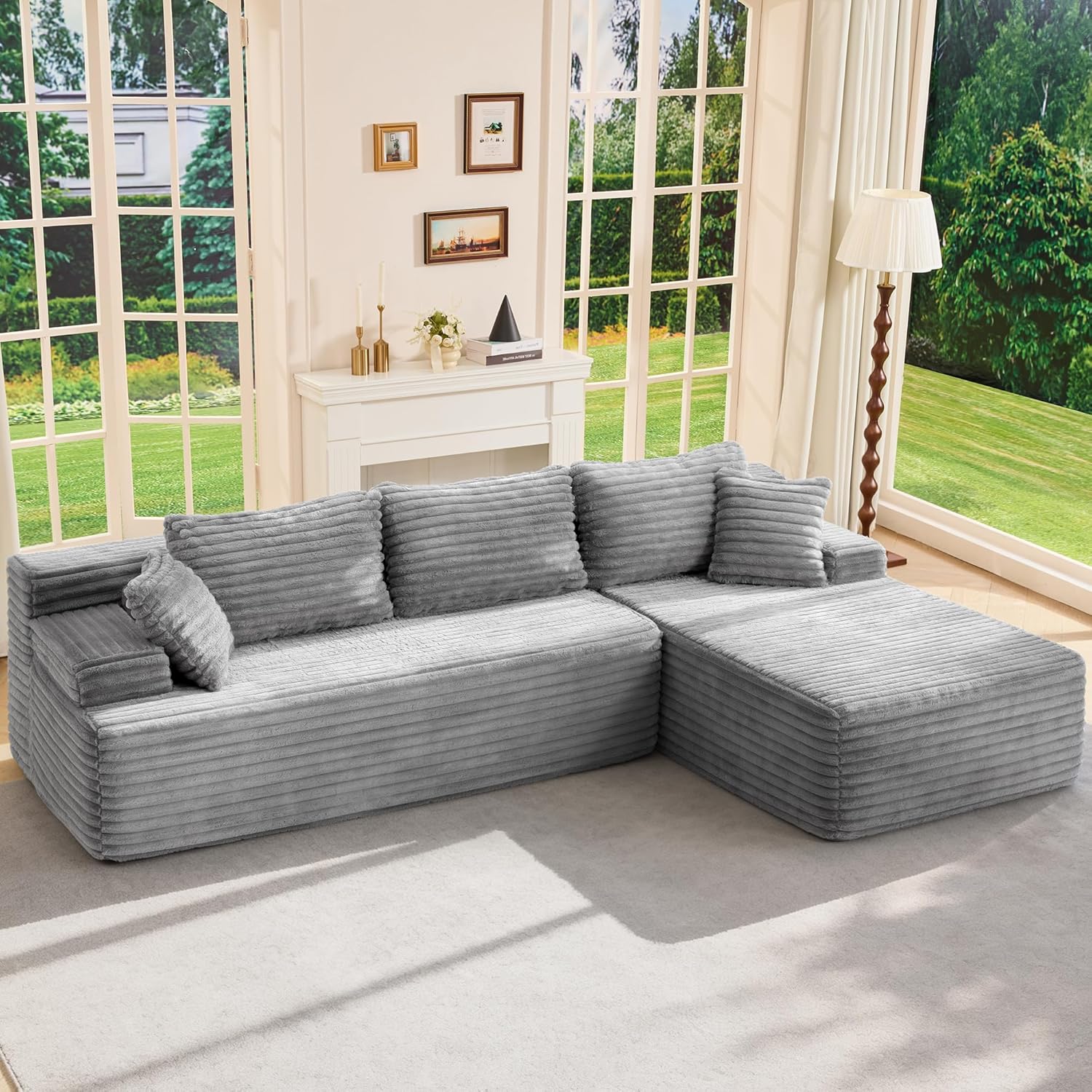 Modular Sectional Sofa Couches L-Shape Couch 3 Seat Modular Sofa Memory Foam Sectional Couches for Living Room, Cloud Couch with Oversized Chaise (Grey Stripe, 96" Left Facing Chaise)