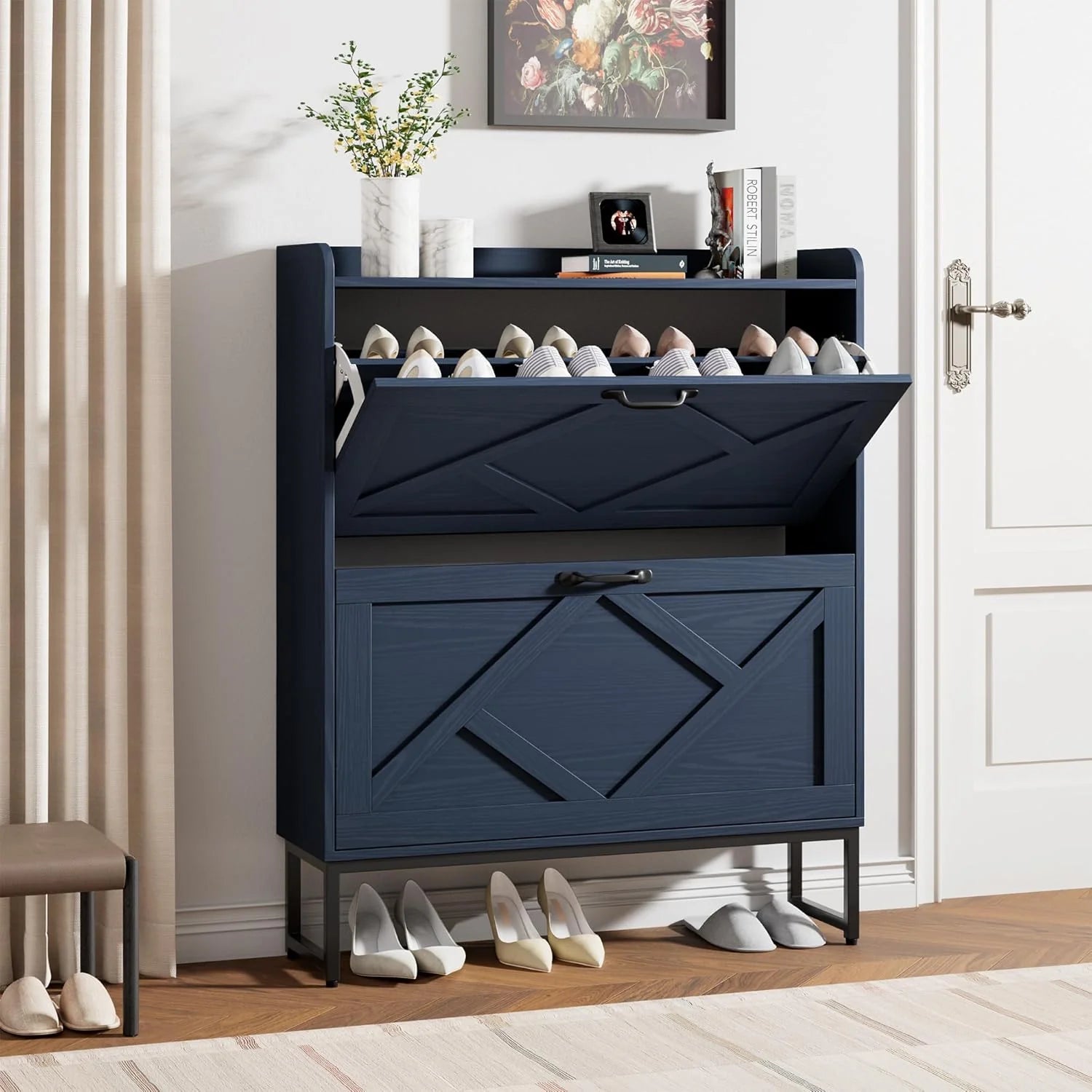 Nicetree Shoe Cabinet with 2 Flip Drawers Freestanding Shoe Storage Cabinet Narrow Shoe Cabinet