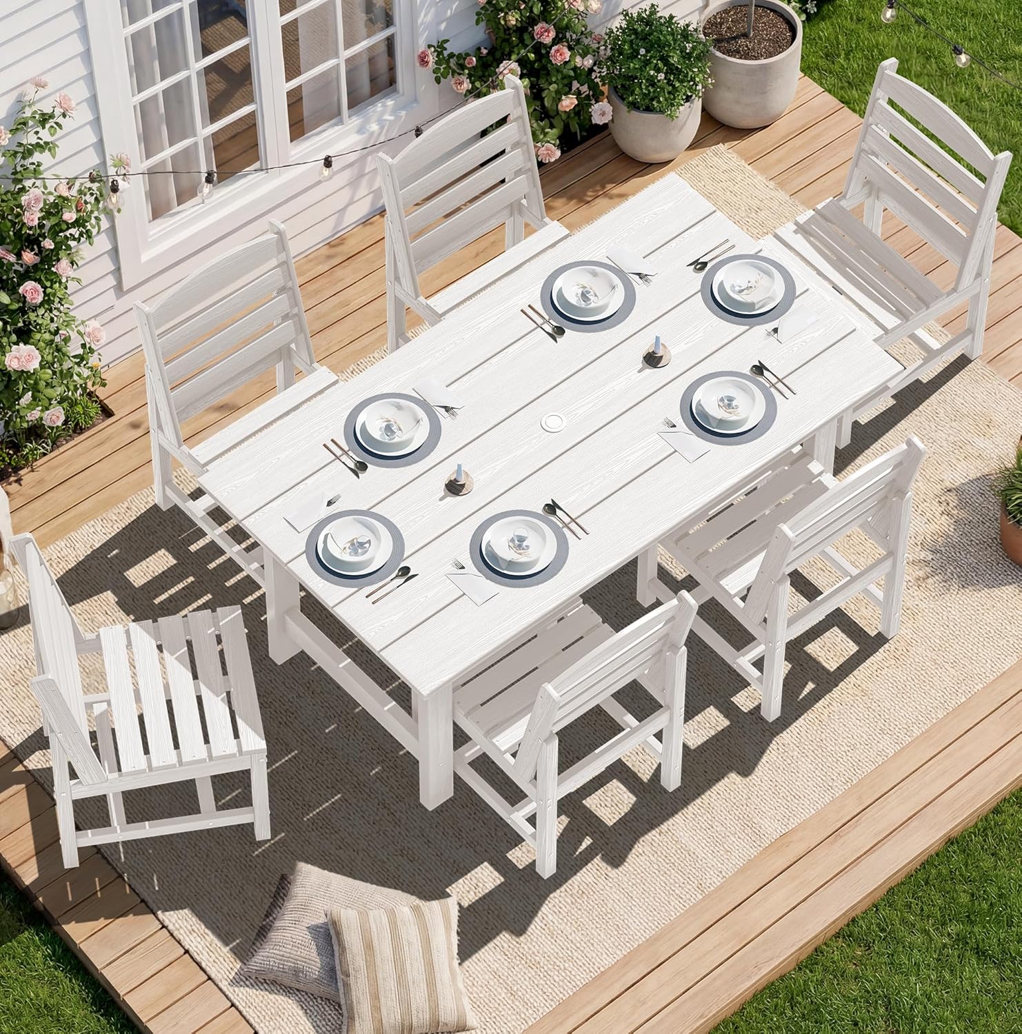 SERWALL 7-Piece Patio Dining Table Sets, Outdoor HDPE Dining Furniture Set with Umbrella Hole Cut-Out Table and 6 Chairs, Blue